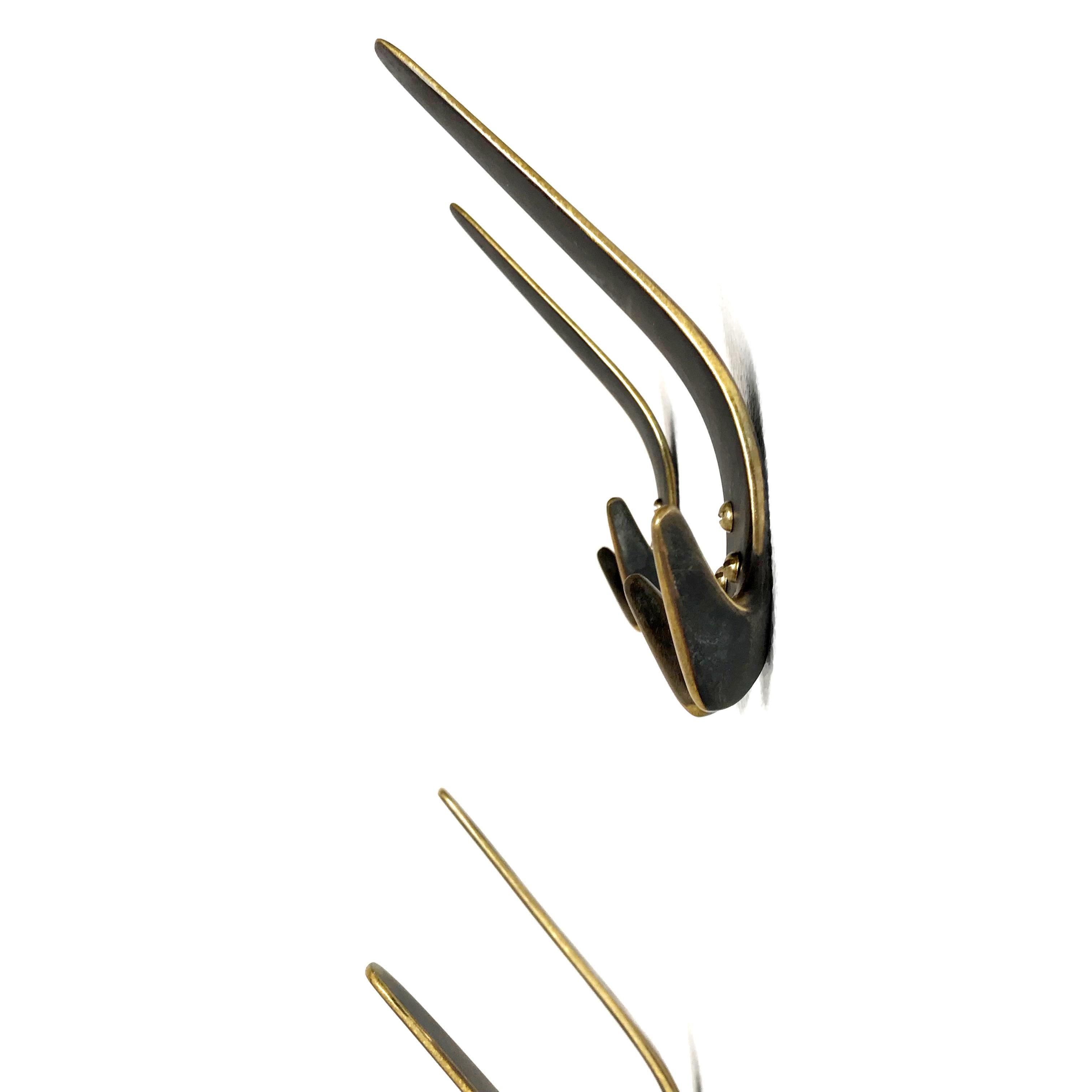 20th Century Carl Auböck Eight Midcentury Patinated Brass Wall Coat Hooks, 1950s, Austria For Sale