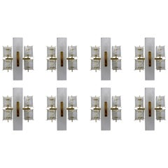 Eight Midcentury Wall Lights with Structured Glass and Brass, Europe 1970s