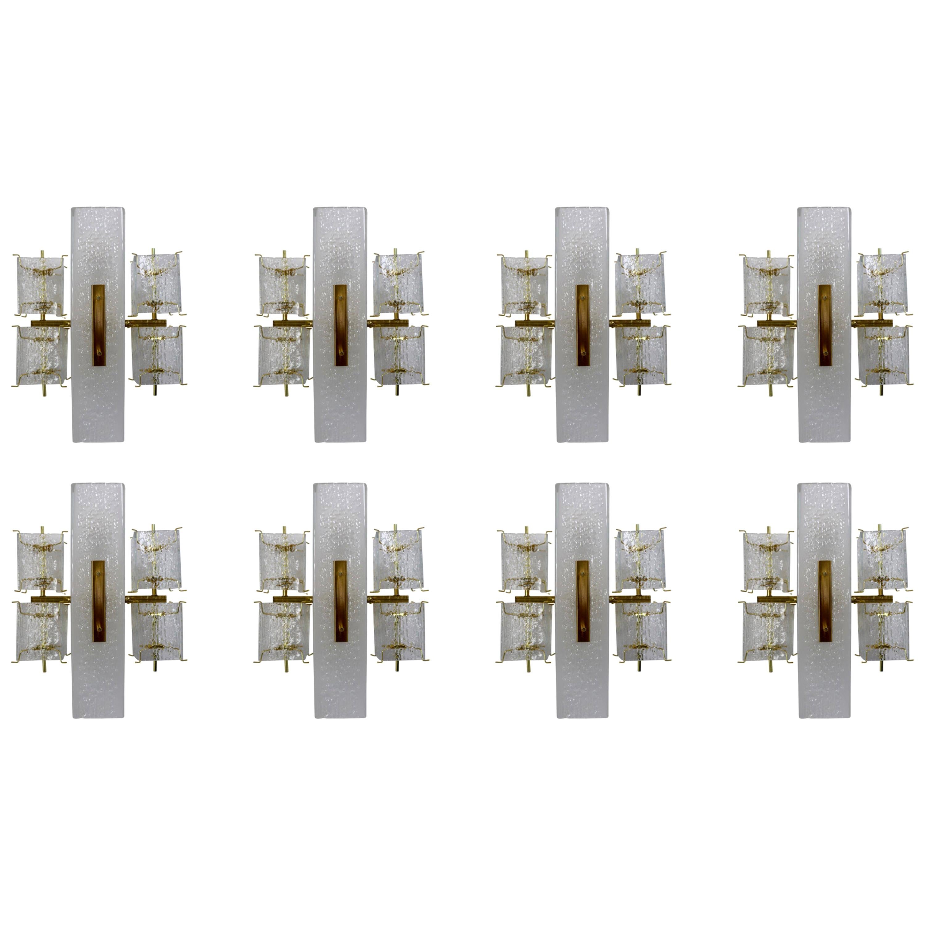 1 of 8 Midcentury Wall Lights with Structured Glass and Brass, Europe, 1970s