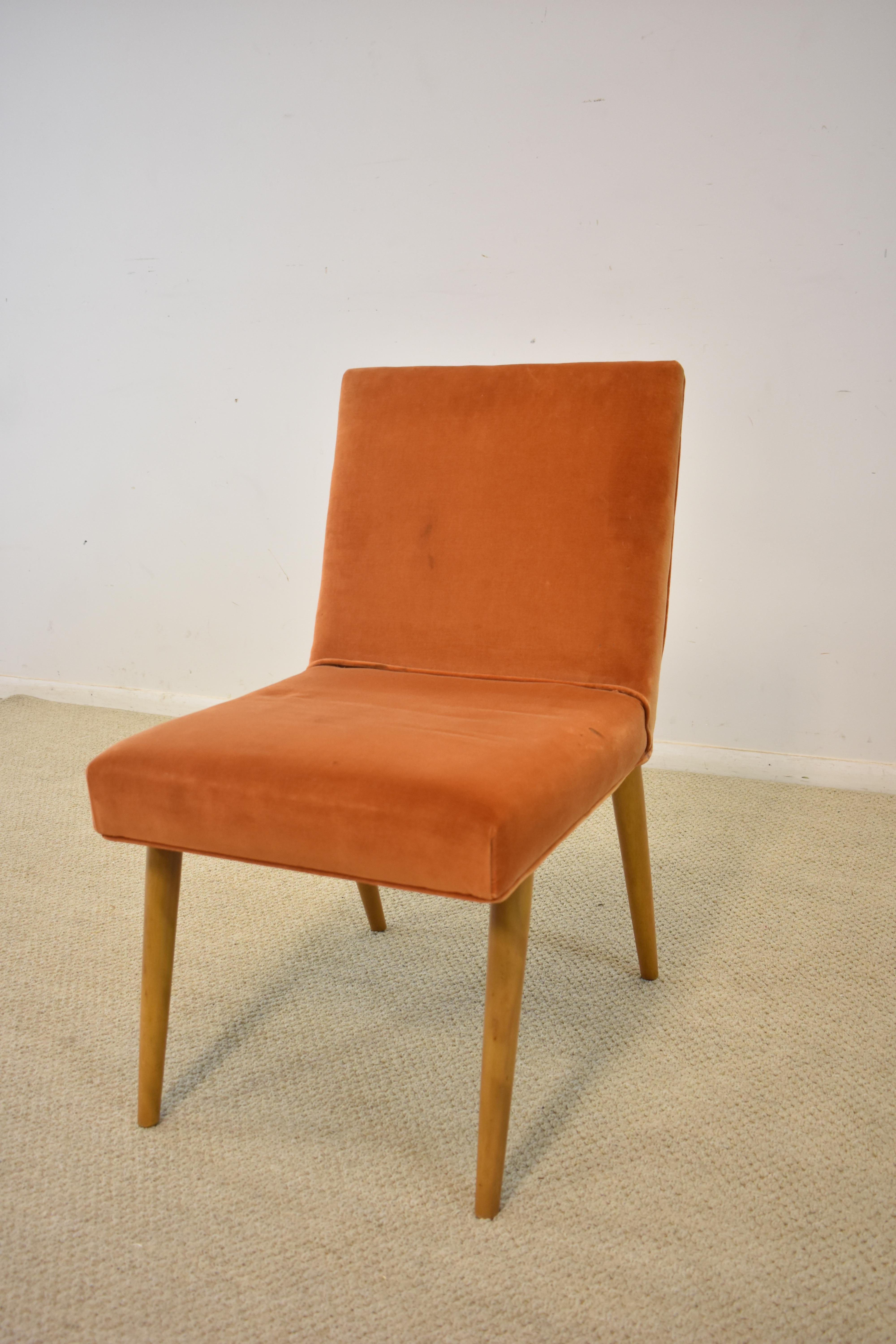Eight teak frame upholstered dining chairs by Widdicomb designed by T.H. Rbsjohn & Gibbings. Six upholstered alike two coordinating fabric chairs. Can use cleaning or new upholstery. Very nice condition. Dimensions: 24