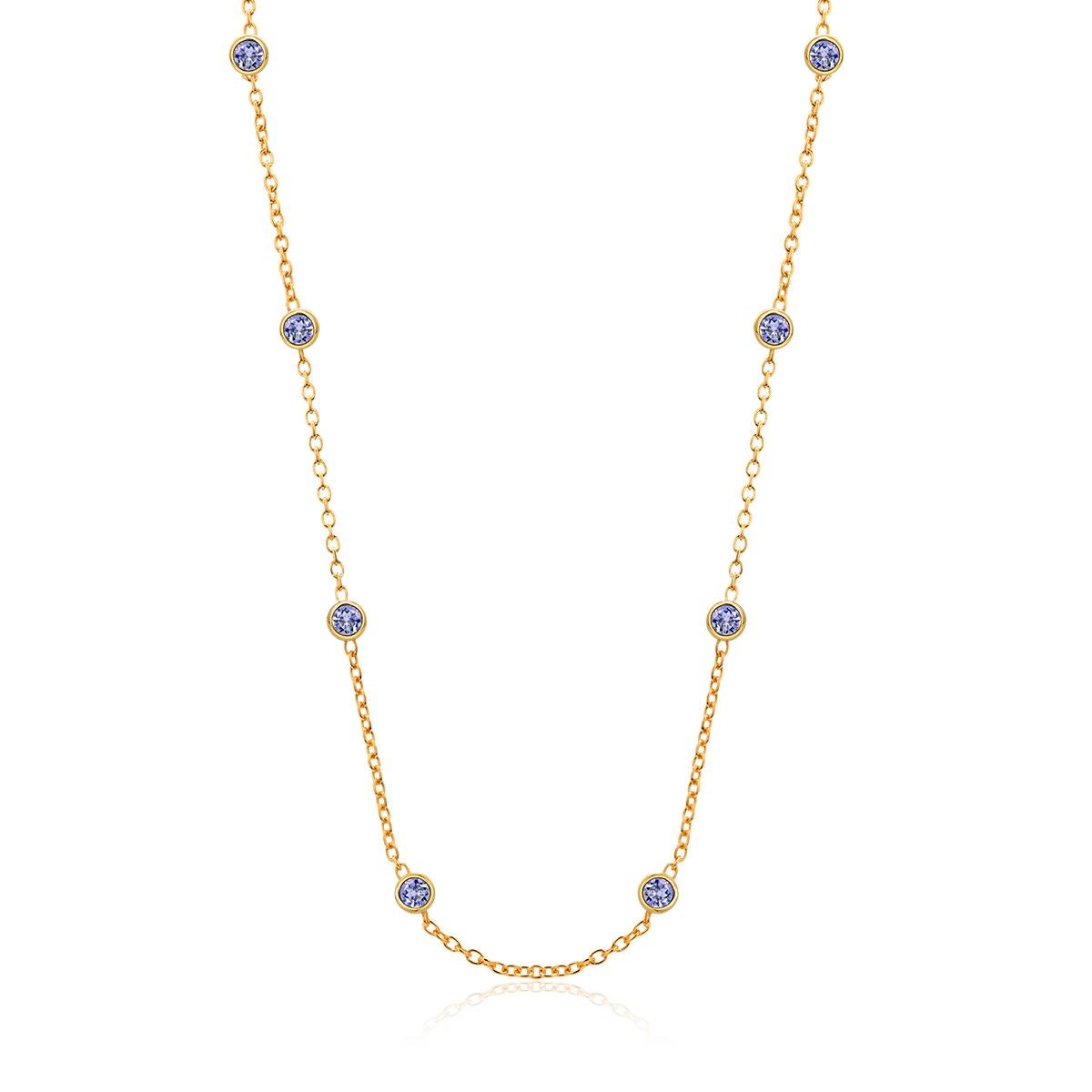 Modern Eight Natural Blue Sapphires Bezel Necklace Sterling Silver Yellow Gold-Plated