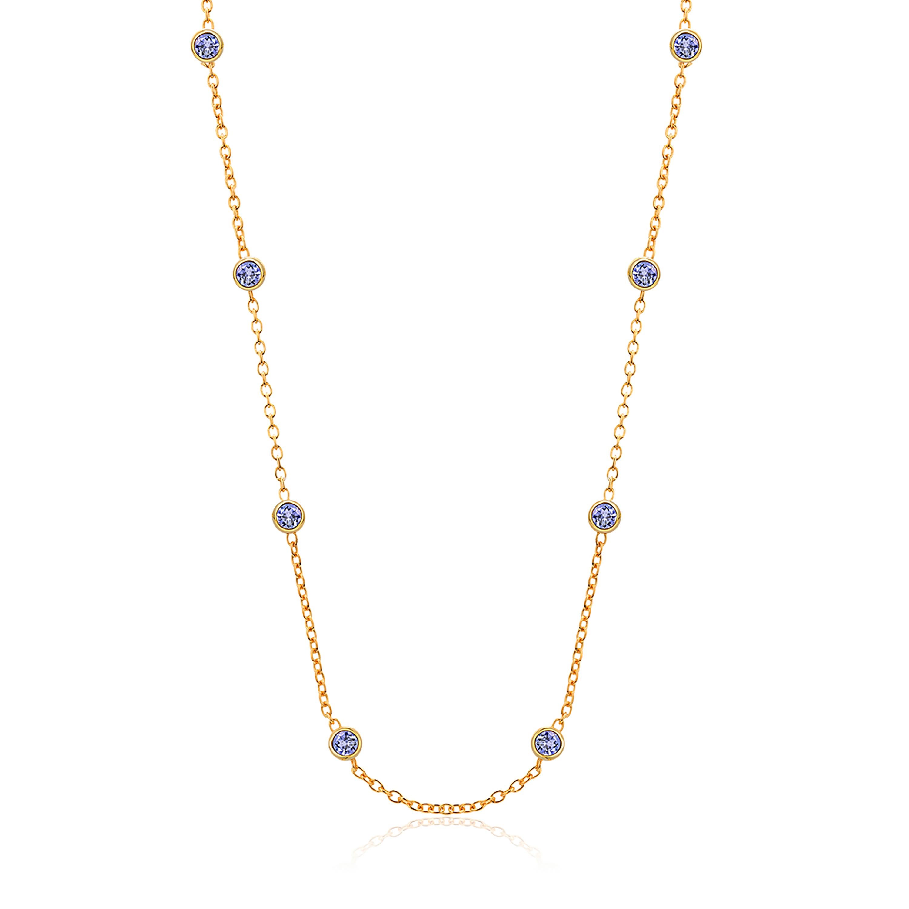 Round Cut Eight Natural Blue Sapphires Bezel Necklace Sterling Silver Yellow Gold-Plated