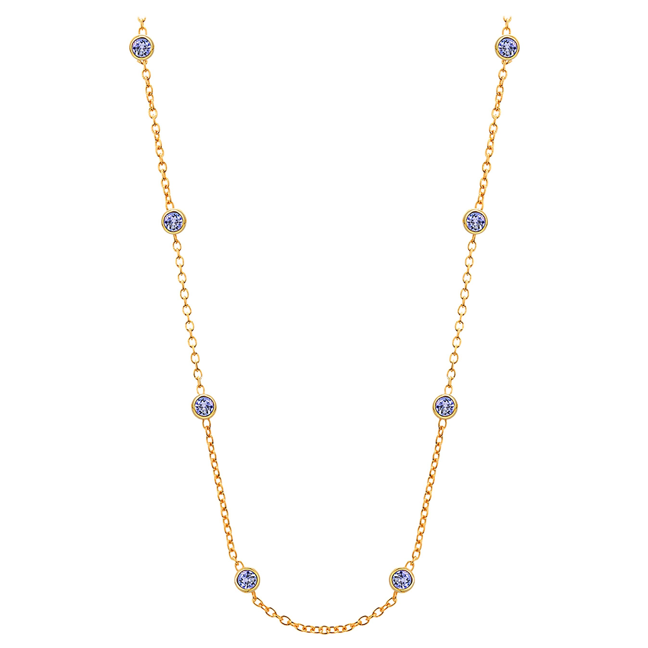 Eight Natural Blue Sapphires Bezel Necklace Sterling Silver Yellow Gold-Plated