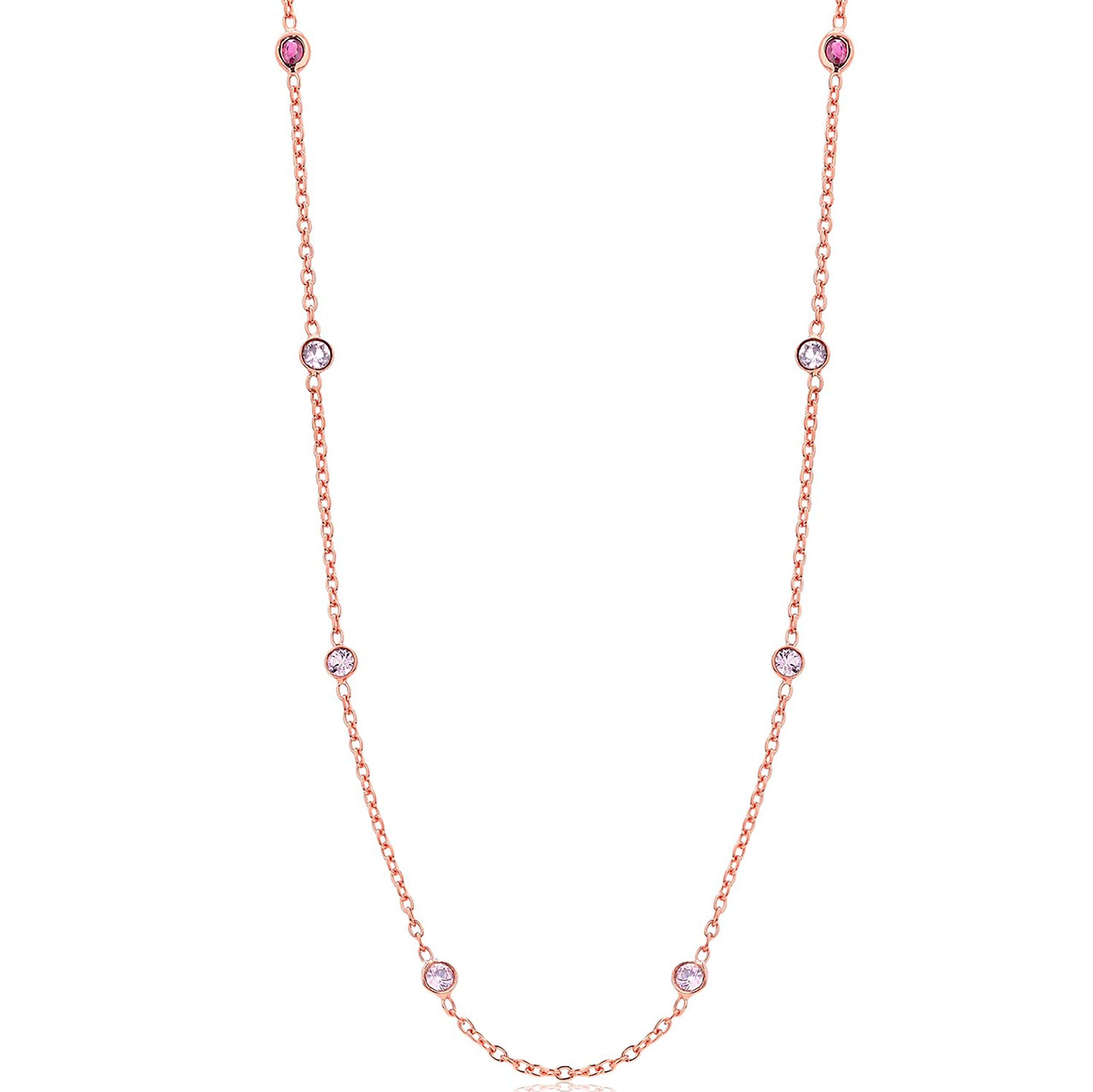Contemporary Eight Natural Pink Sapphires and Rubies Bezel Necklace Silver Rose Gold Plated