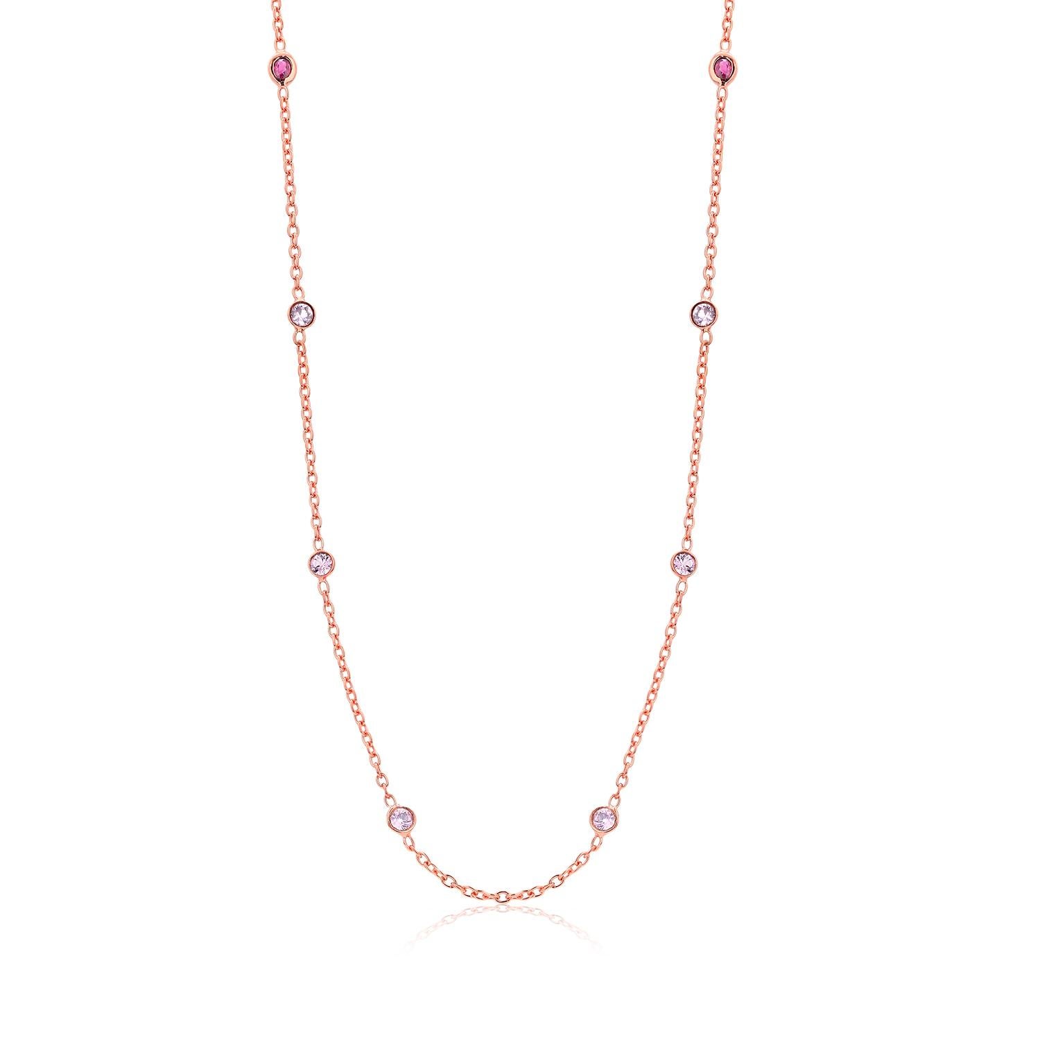 Round Cut Eight Natural Pink Sapphires and Rubies Bezel Necklace Silver Rose Gold Plated