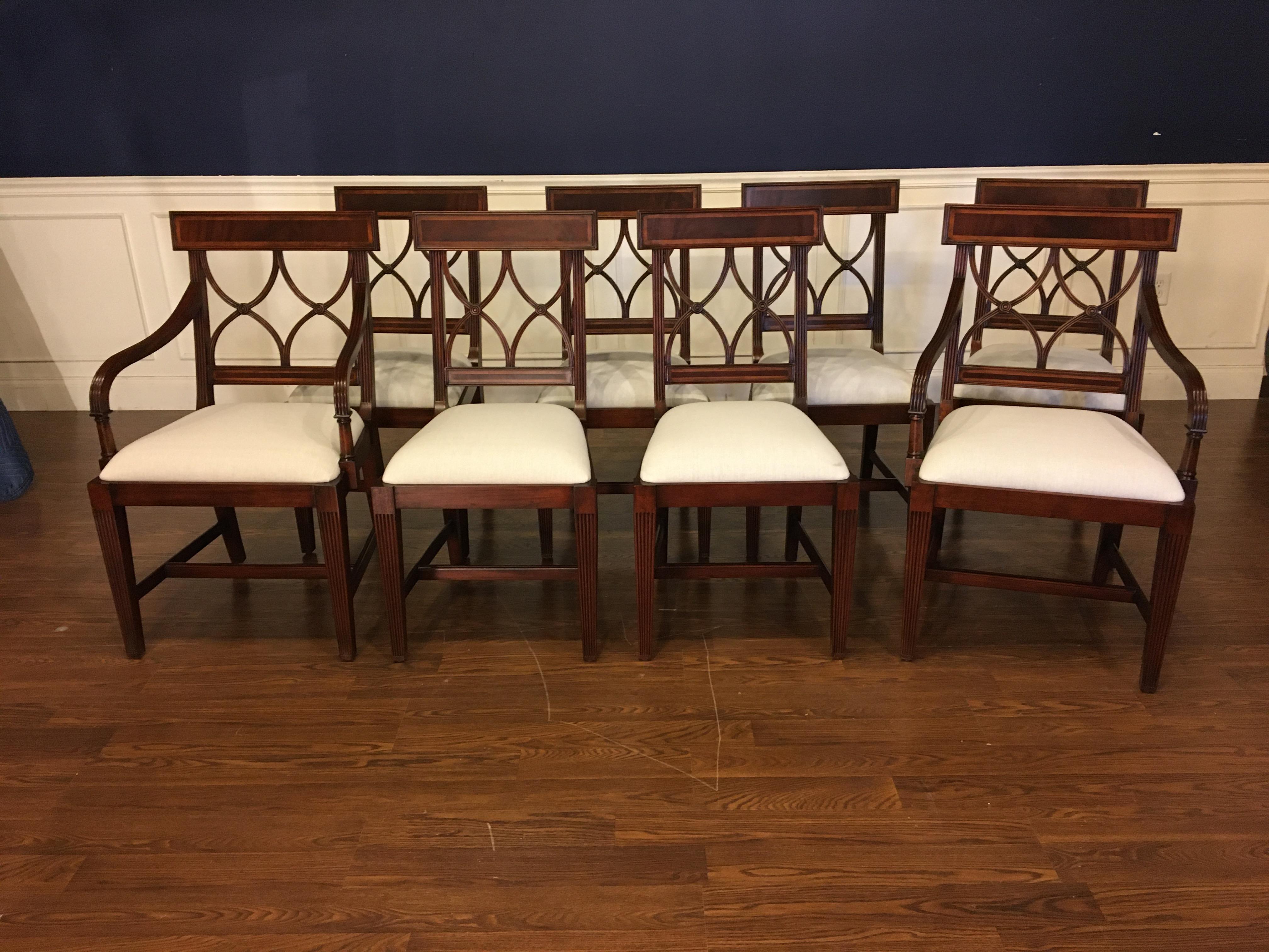 These are new traditional mahogany dining chairs. Their design was inspired by dining chairs from the Regency period. They feature classic Adams styling. They have an understated elegance with square tapered and fluted legs and delicate inlays in