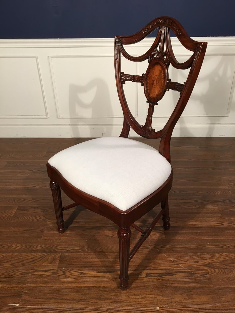 Eight New Traditional Mahogany Inlaid Shieldback Dining Chairs by