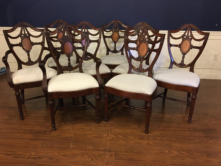 Eight New Traditional Mahogany Inlaid Shieldback Dining Chairs by