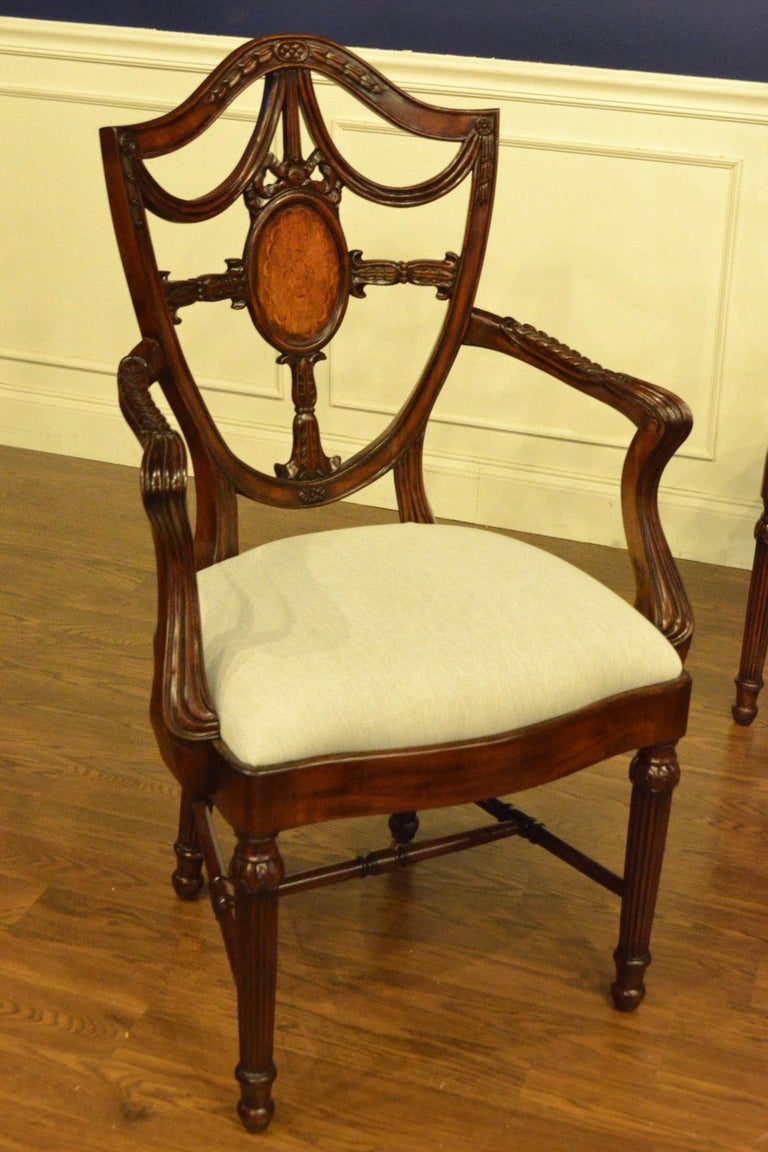 Eight New Traditional Mahogany Inlaid Shieldback Dining Chairs by