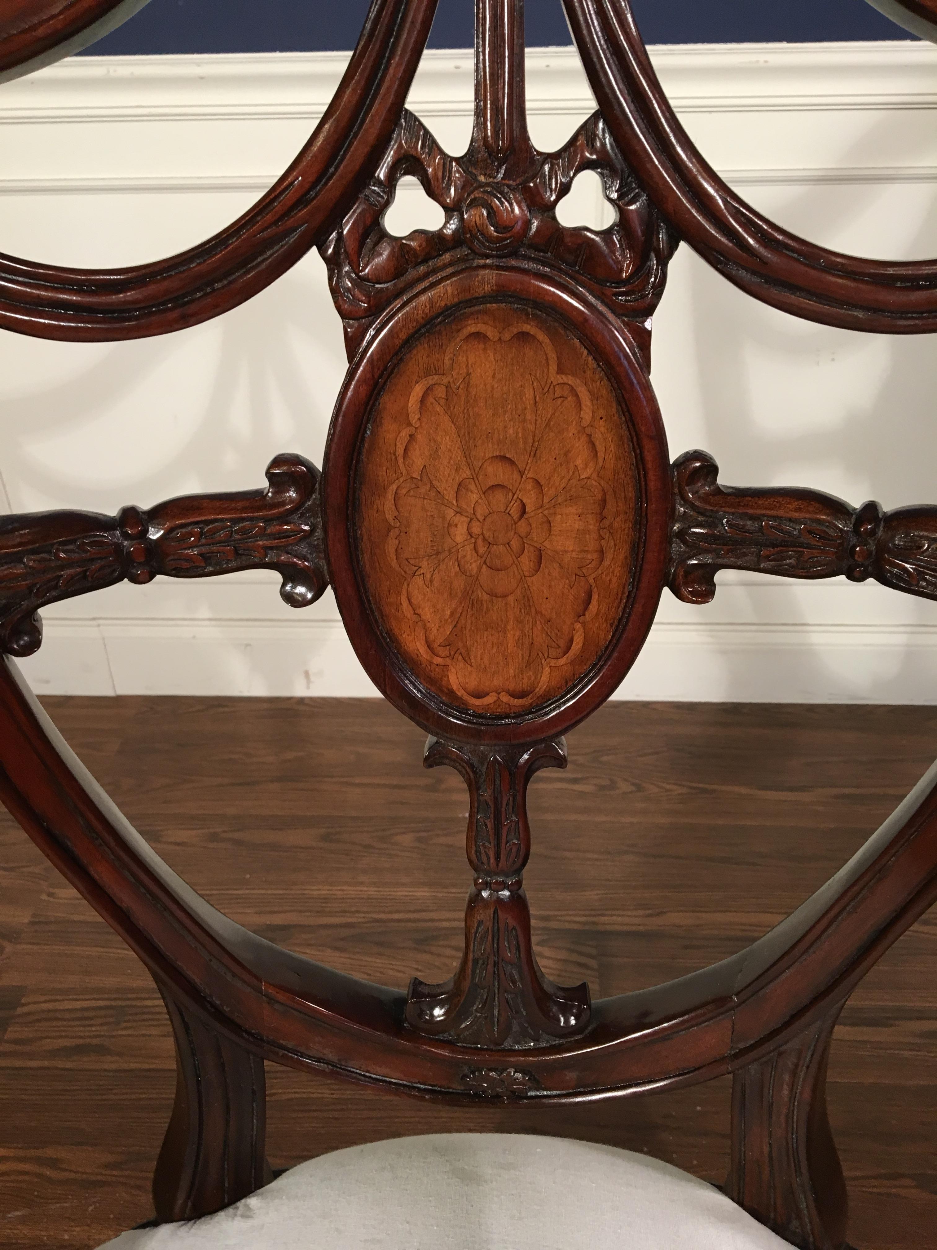 Eight New Traditional Mahogany Inlaid Shieldback Dining Chairs by Leighton Hall In New Condition In Suwanee, GA