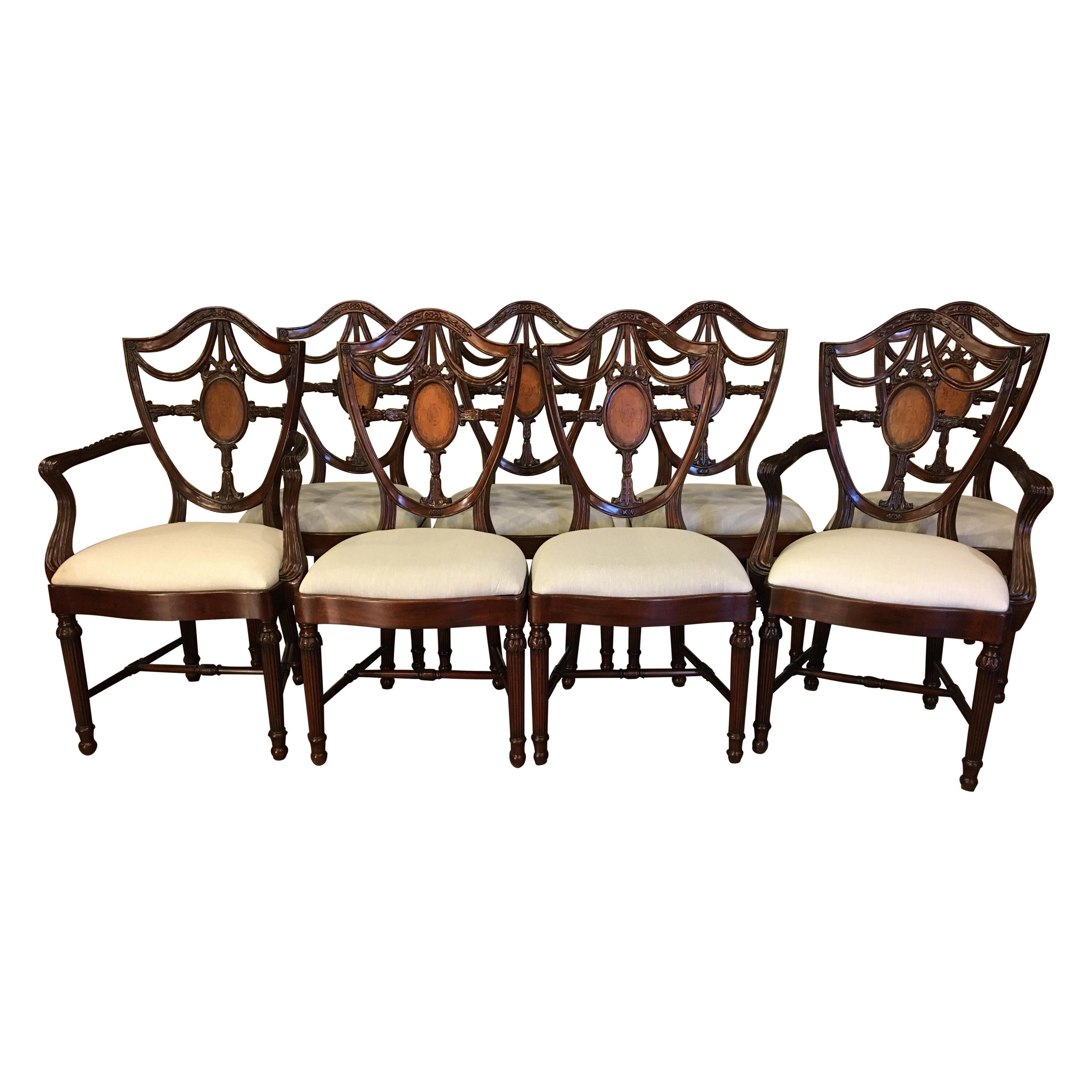 Eight New Traditional Mahogany Inlaid Shieldback Dining Chairs by Leighton Hall