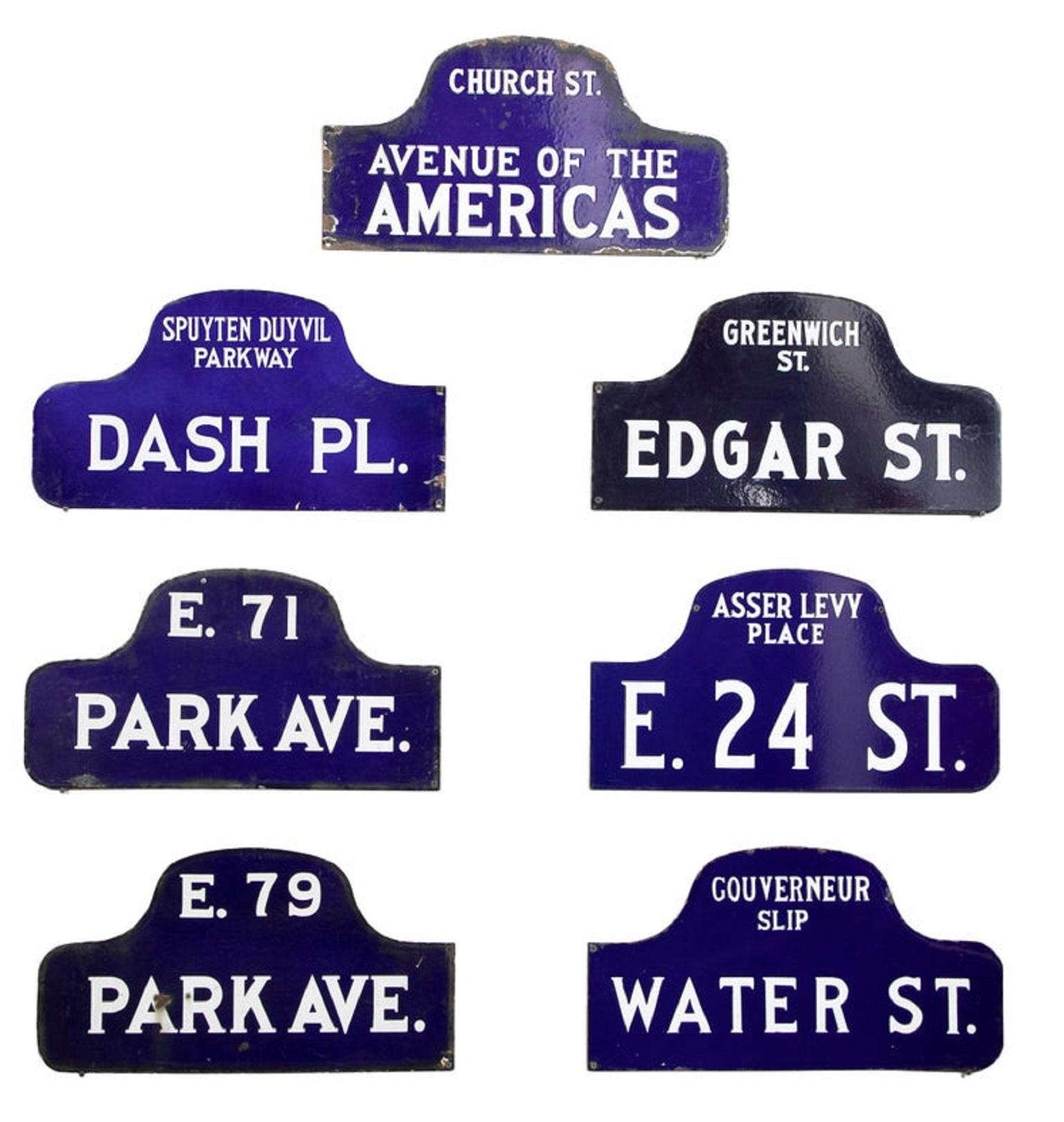 Eight NYC, New York porcelain over metal enamel street signs. Double sided. Priced individually.