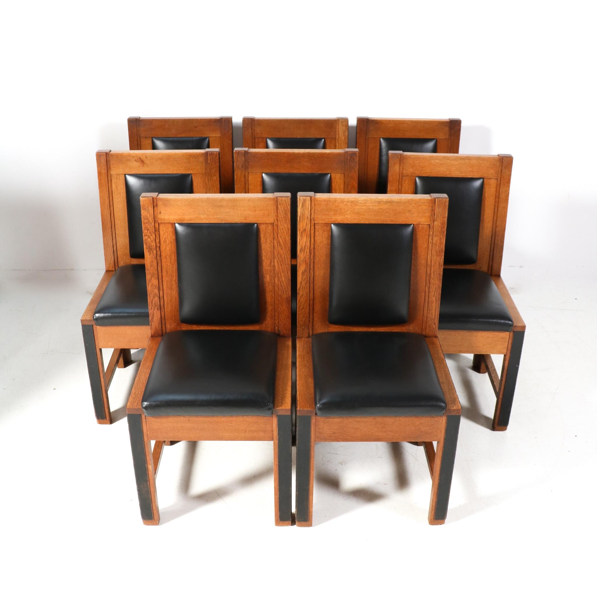 Magnificent and rare set of eight Art Deco Modernist chairs.
This set of eight was designed and manufactured by Fa. Randoe Haarlem for the City Hall of Haarlem.
Striking Dutch design from the 1920s.
Solid oak frames with original black lacquered