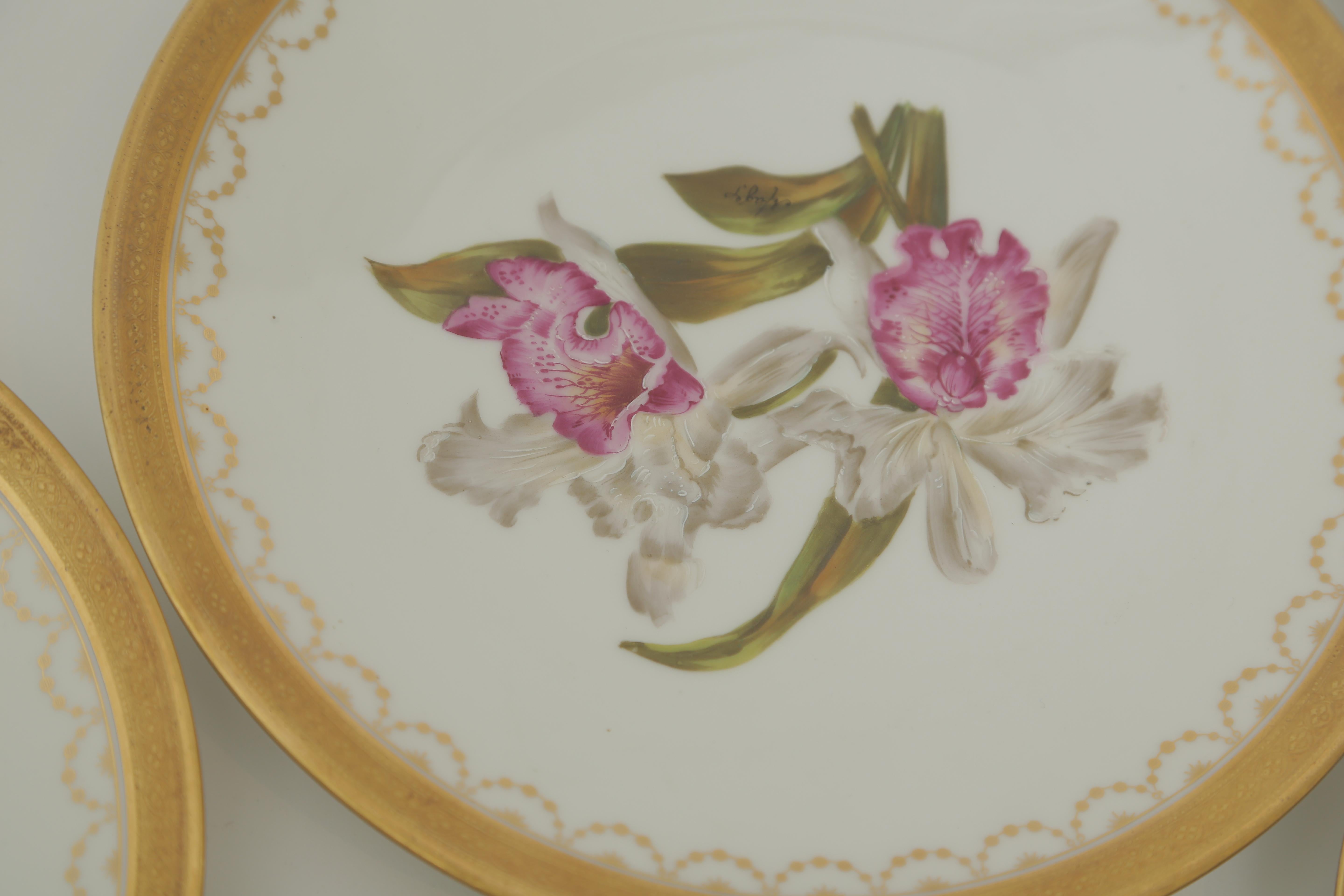 Gold Eight Orchid Plates, Antique Limoges France Hand Painted Artist Signed