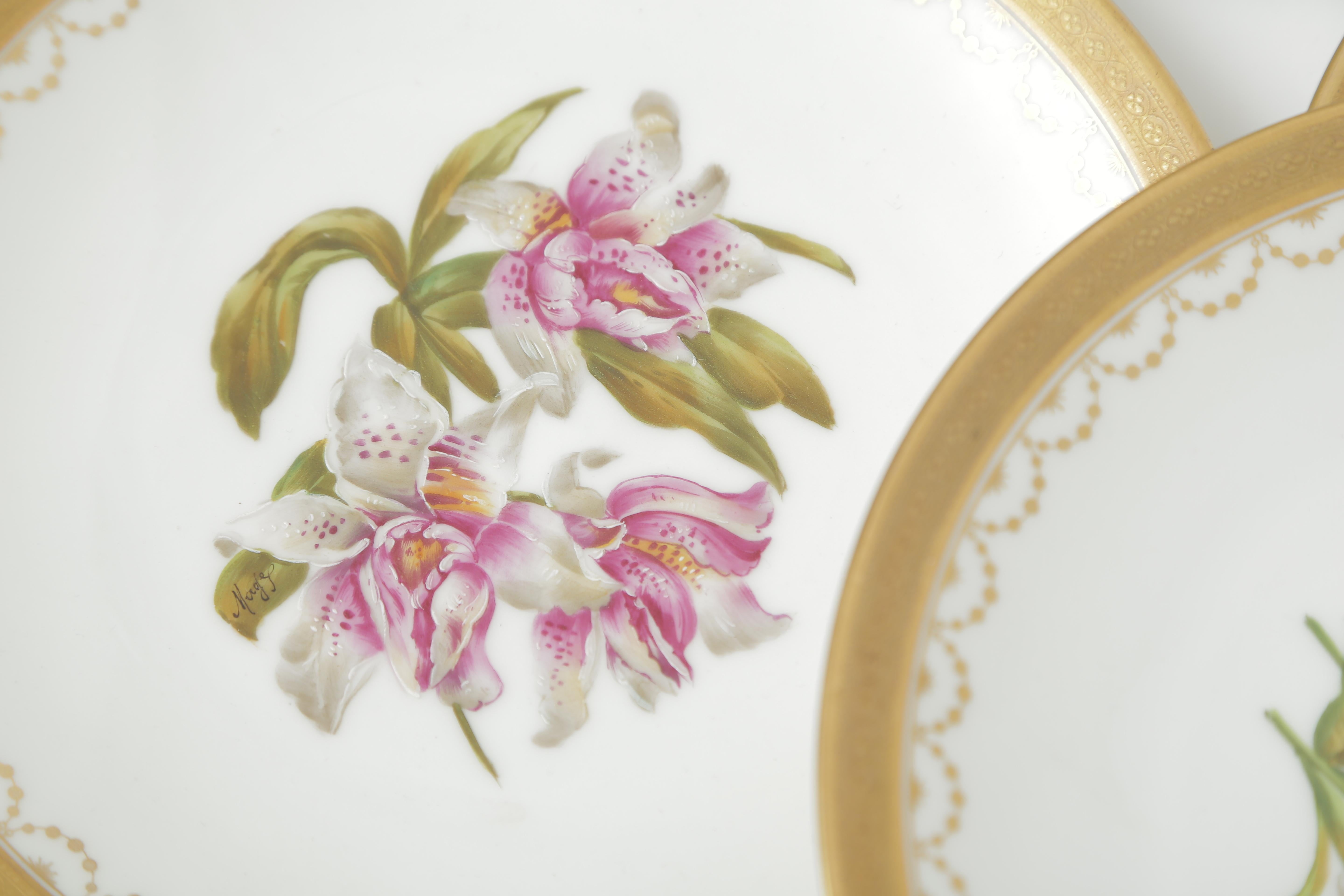 Eight Orchid Plates, Antique Limoges France Hand Painted Artist Signed 1