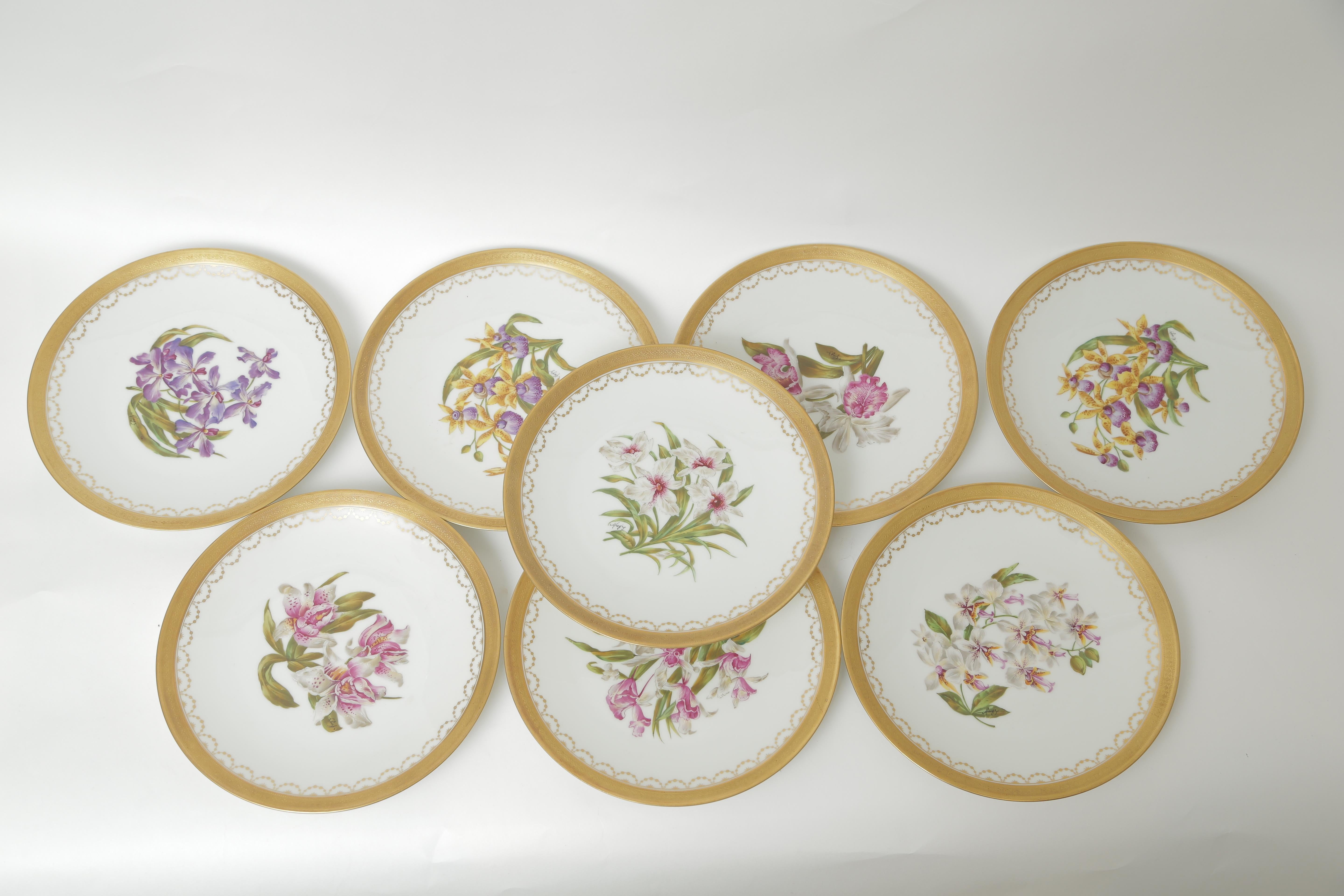 French Eight Orchid Plates, Antique Limoges France Hand Painted Artist Signed