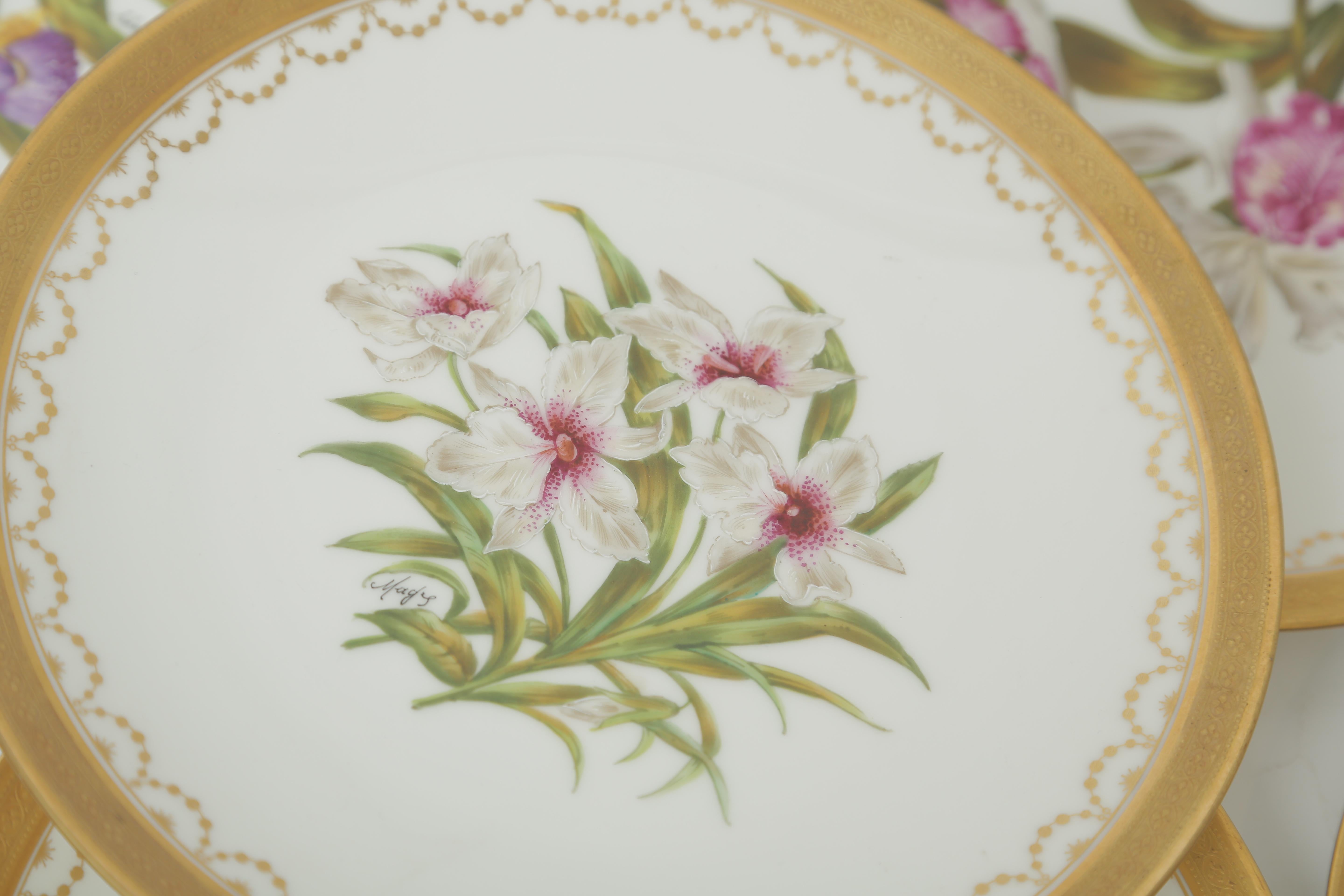Eight Orchid Plates, Antique Limoges France Hand Painted Artist Signed In Good Condition In West Palm Beach, FL