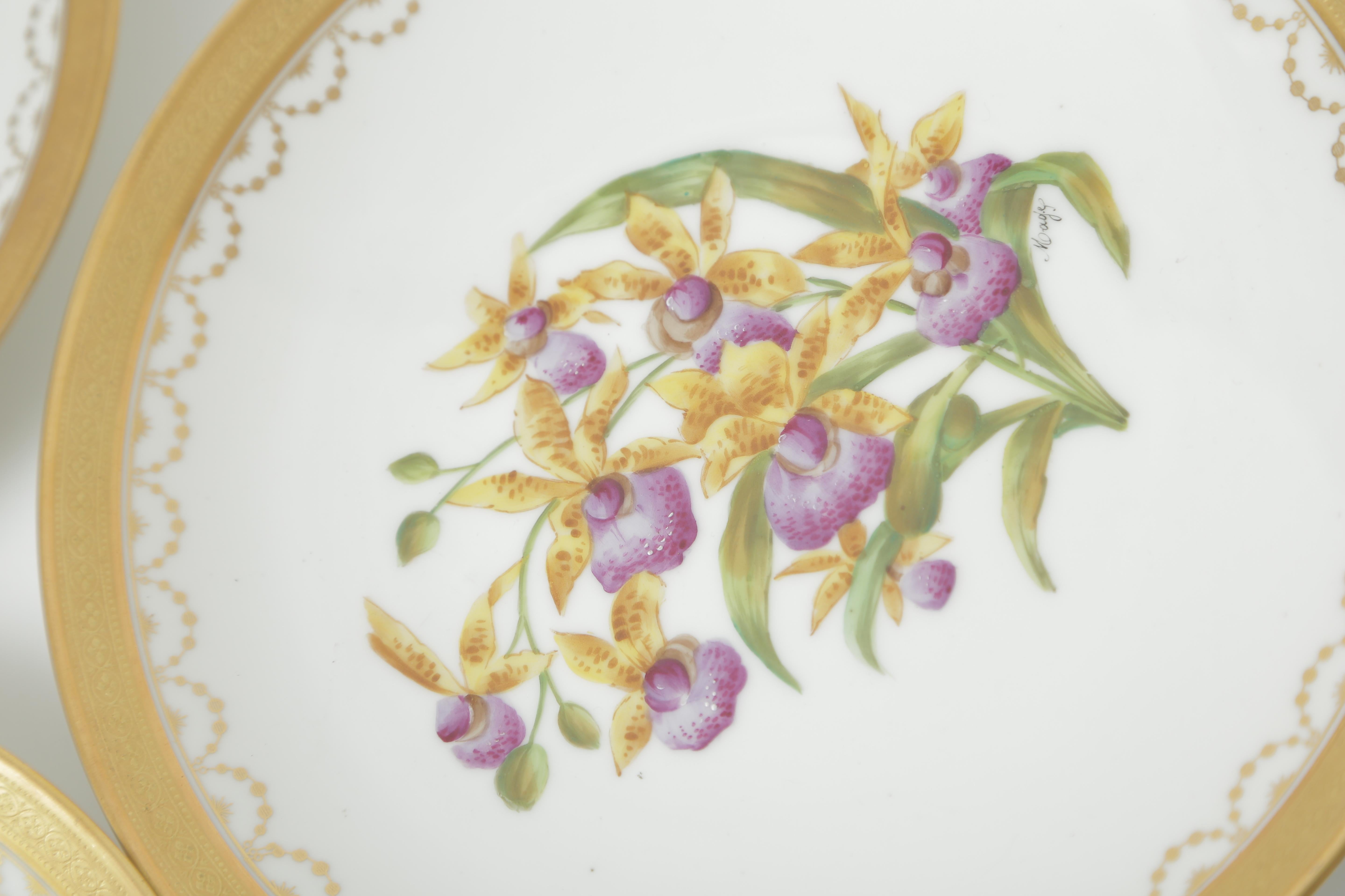 Late 19th Century Eight Orchid Plates, Antique Limoges France Hand Painted Artist Signed