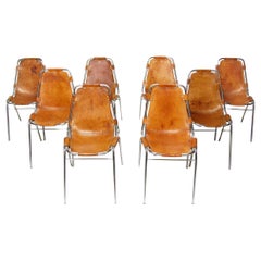Eight Original 1960s Charlotte Perriand "Les Arcs" Chairs, In Leather And Chrome