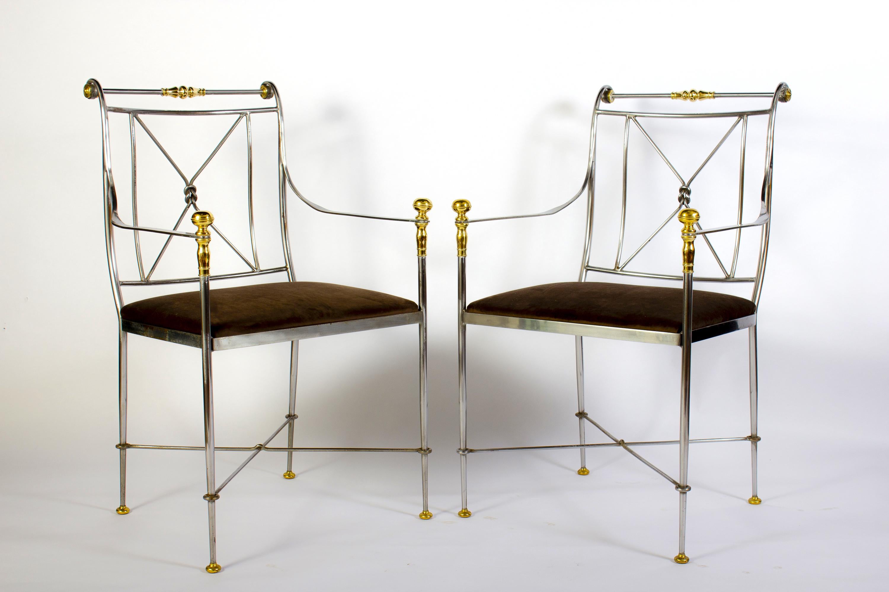 A rare vintage set of eight Italian steel and brass armchairs with dark velvet seats .
Made in Italy and featuring polished steel, solid cast brass.
Each chair has been masterfully welded, crafted ,absolutely wonderful proportions and is