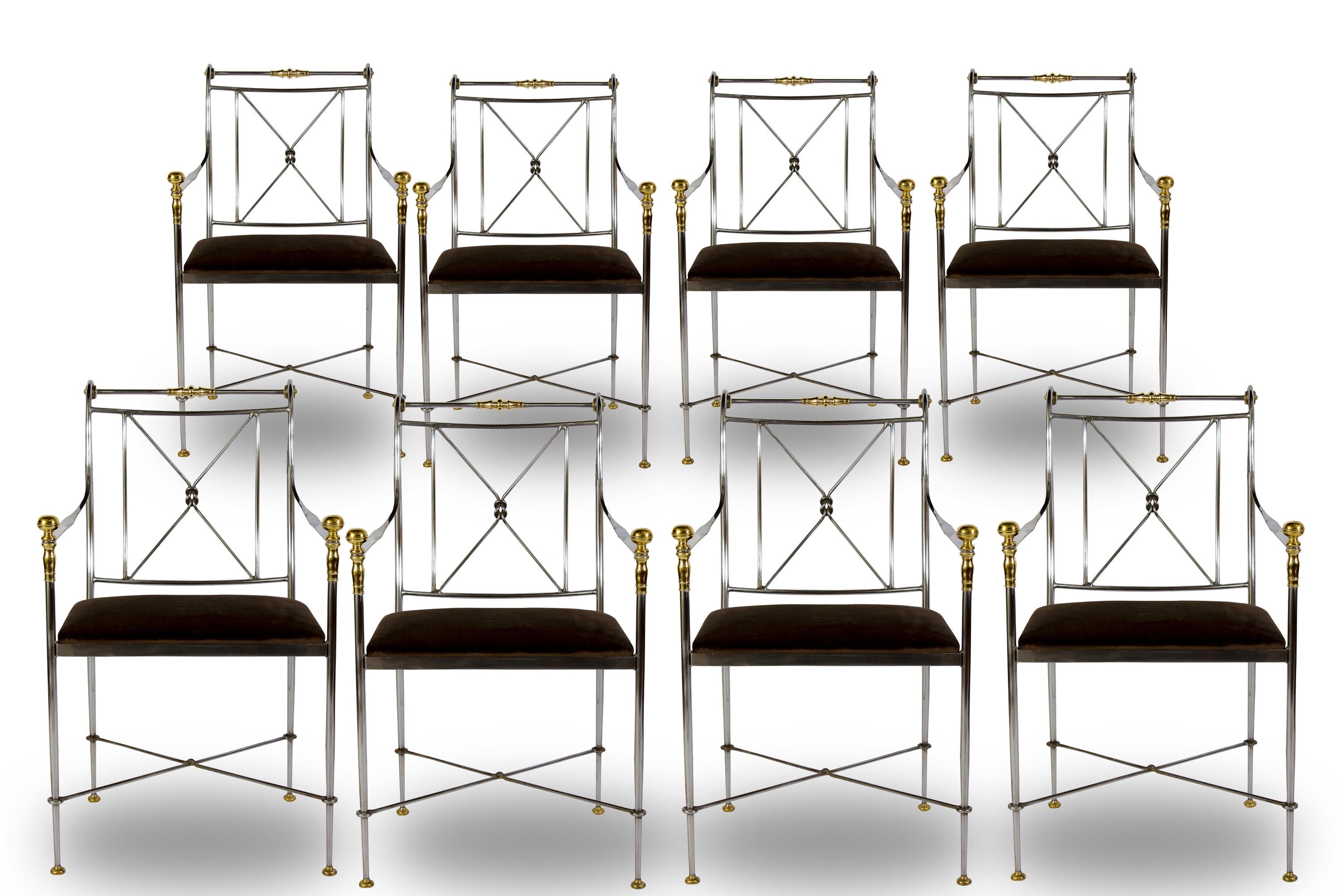 Eight Outstanding Italian Steel and Brass Armchairs 1970s In Good Condition For Sale In Rome, IT