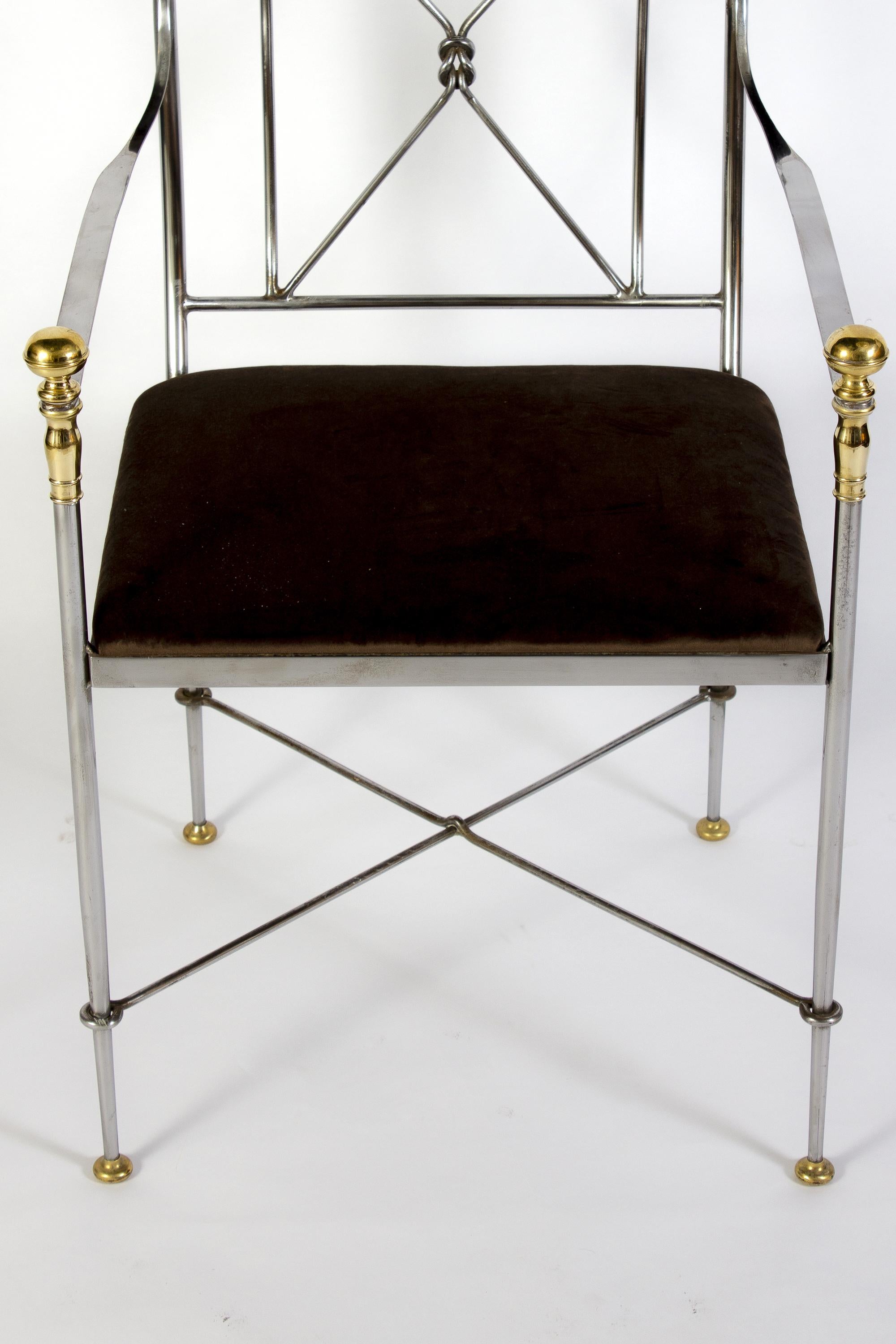 Eight Outstanding Italian Steel and Brass Armchairs, 1970s For Sale 1