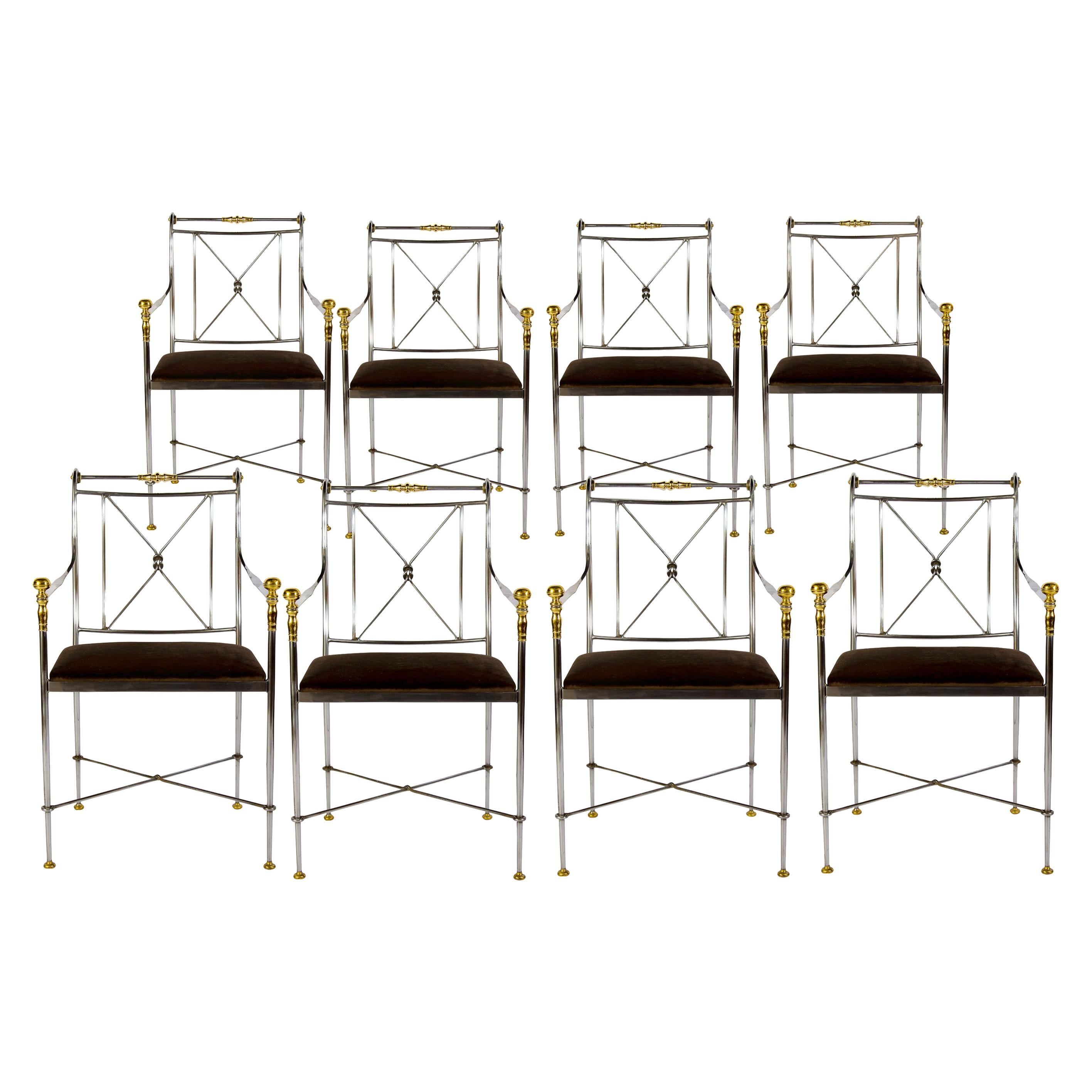 Eight Outstanding Italian Steel and Brass Armchairs 1970s For Sale