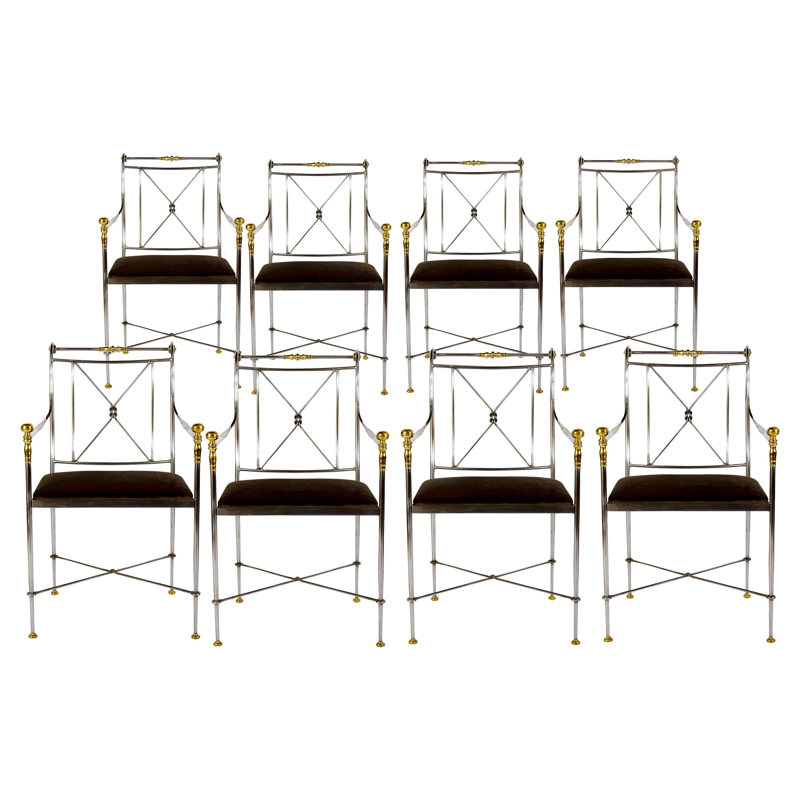 Eight Outstanding Italian Steel and Brass Armchairs, 1970s