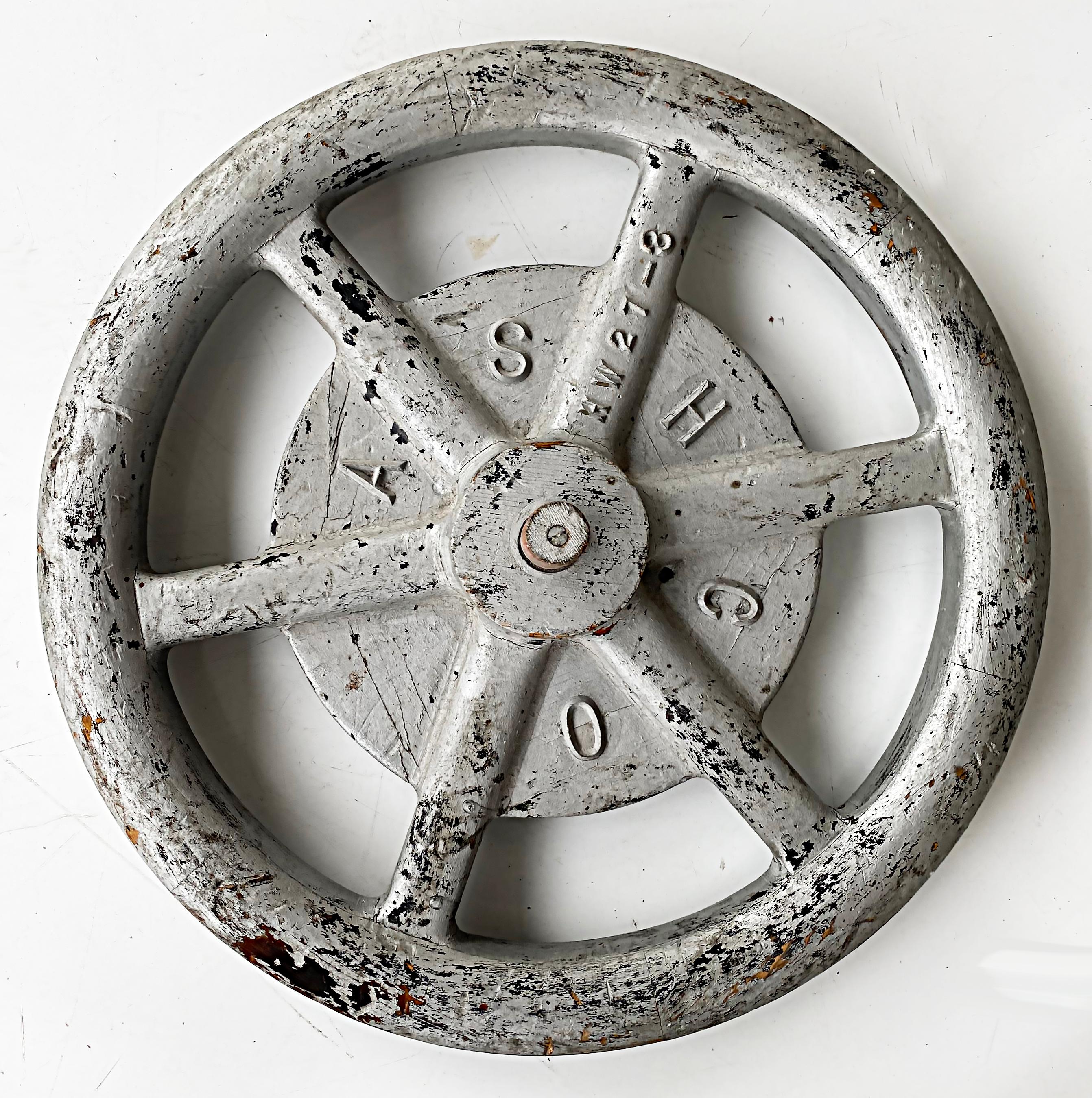 Sheet Metal Eight Painted Industrial Molds Cog Wheels Wall Sculptures  For Sale