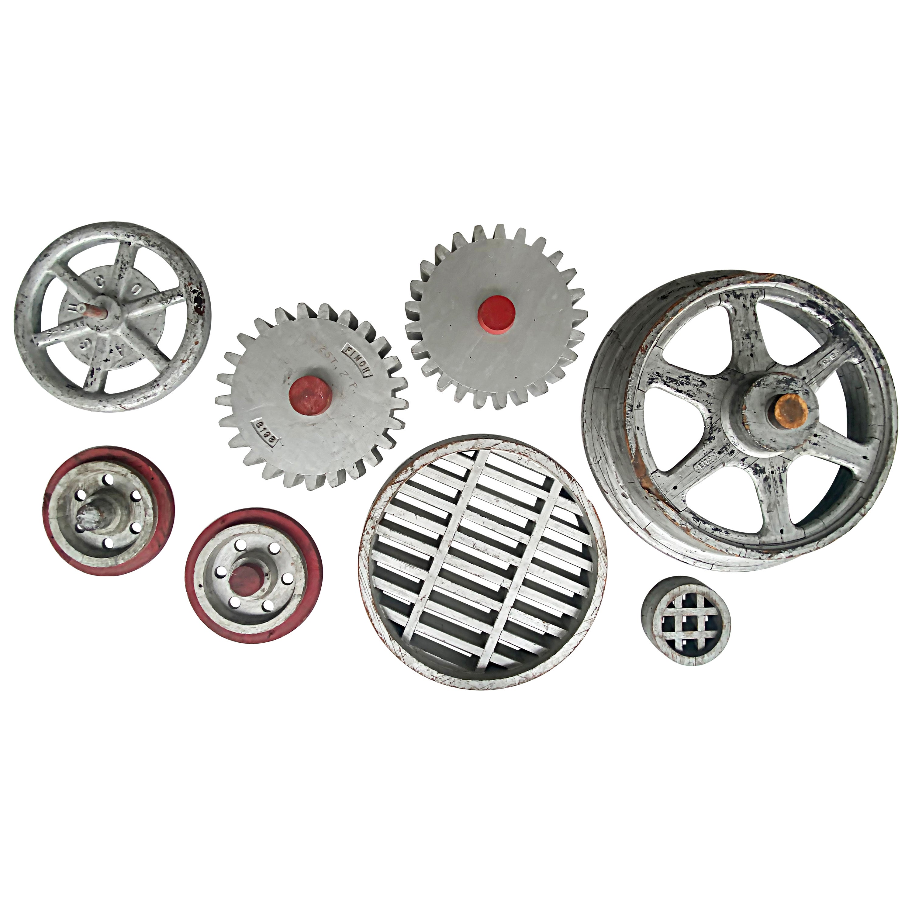 Eight Painted Industrial Molds Cog Wheels Wall Sculptures For Sale