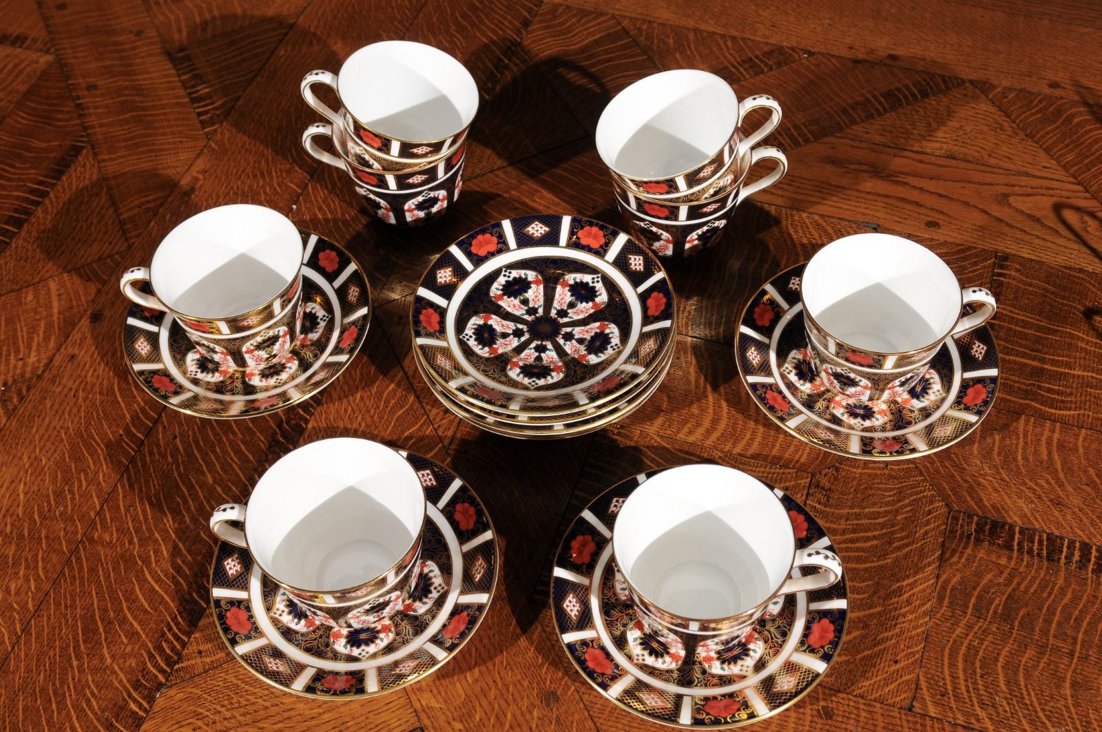 20th Century Eight Pairs of English Royal Crown Derby Porcelain Old Imari Cups and Saucers