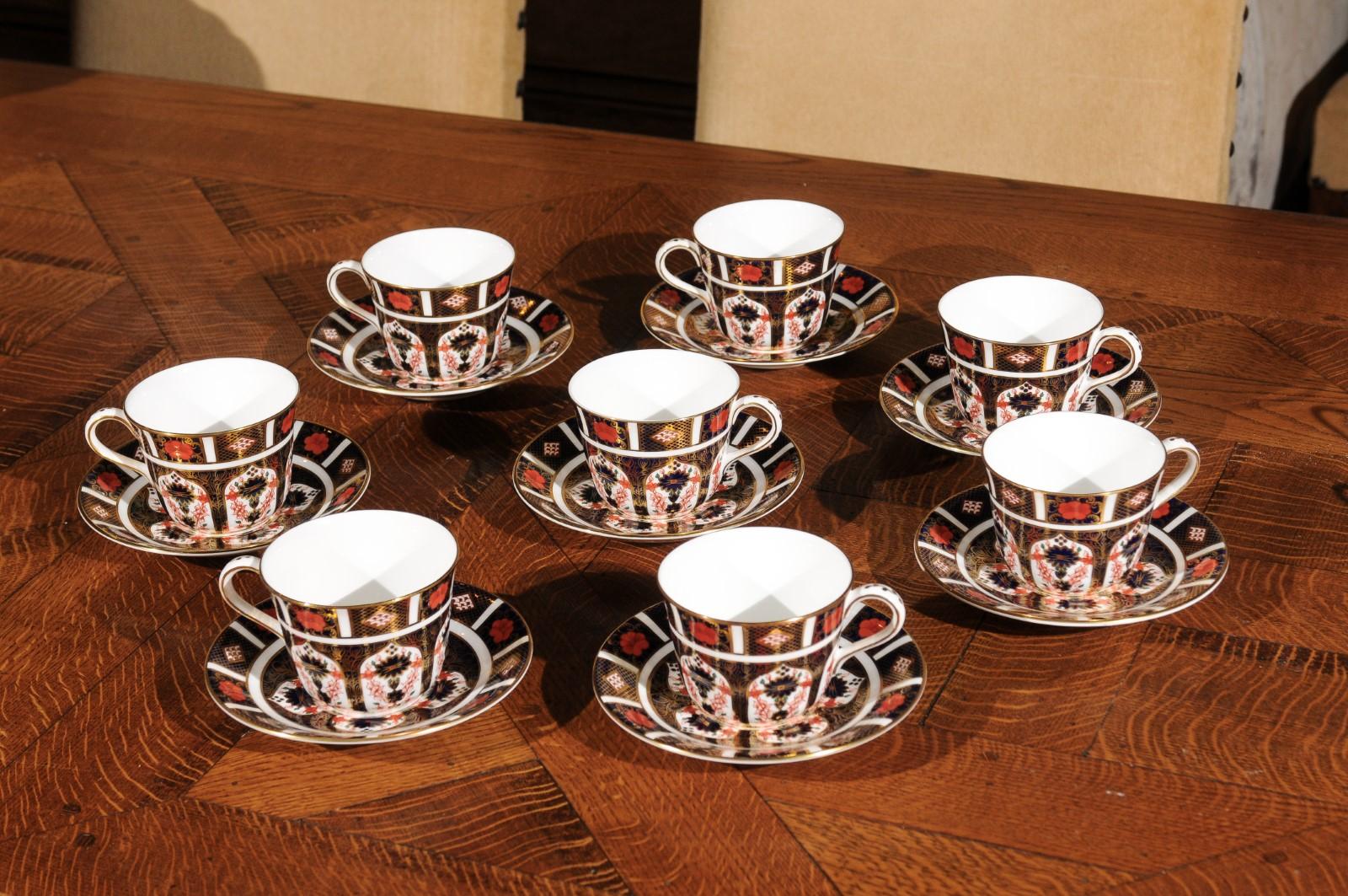 Eight Pairs of English Royal Crown Derby Porcelain Old Imari Cups and Saucers 1