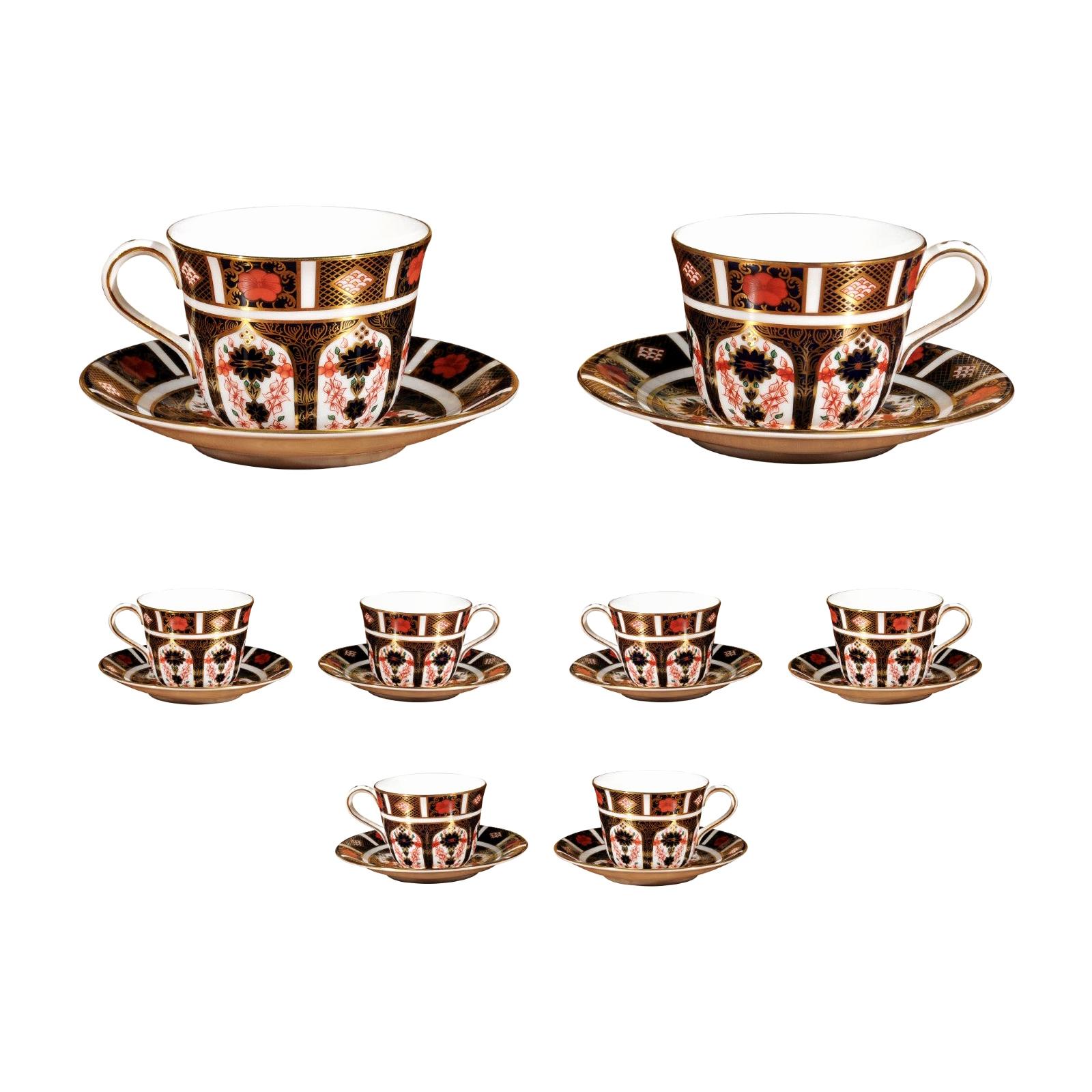 Eight Pairs of English Royal Crown Derby Porcelain Old Imari Cups and Saucers