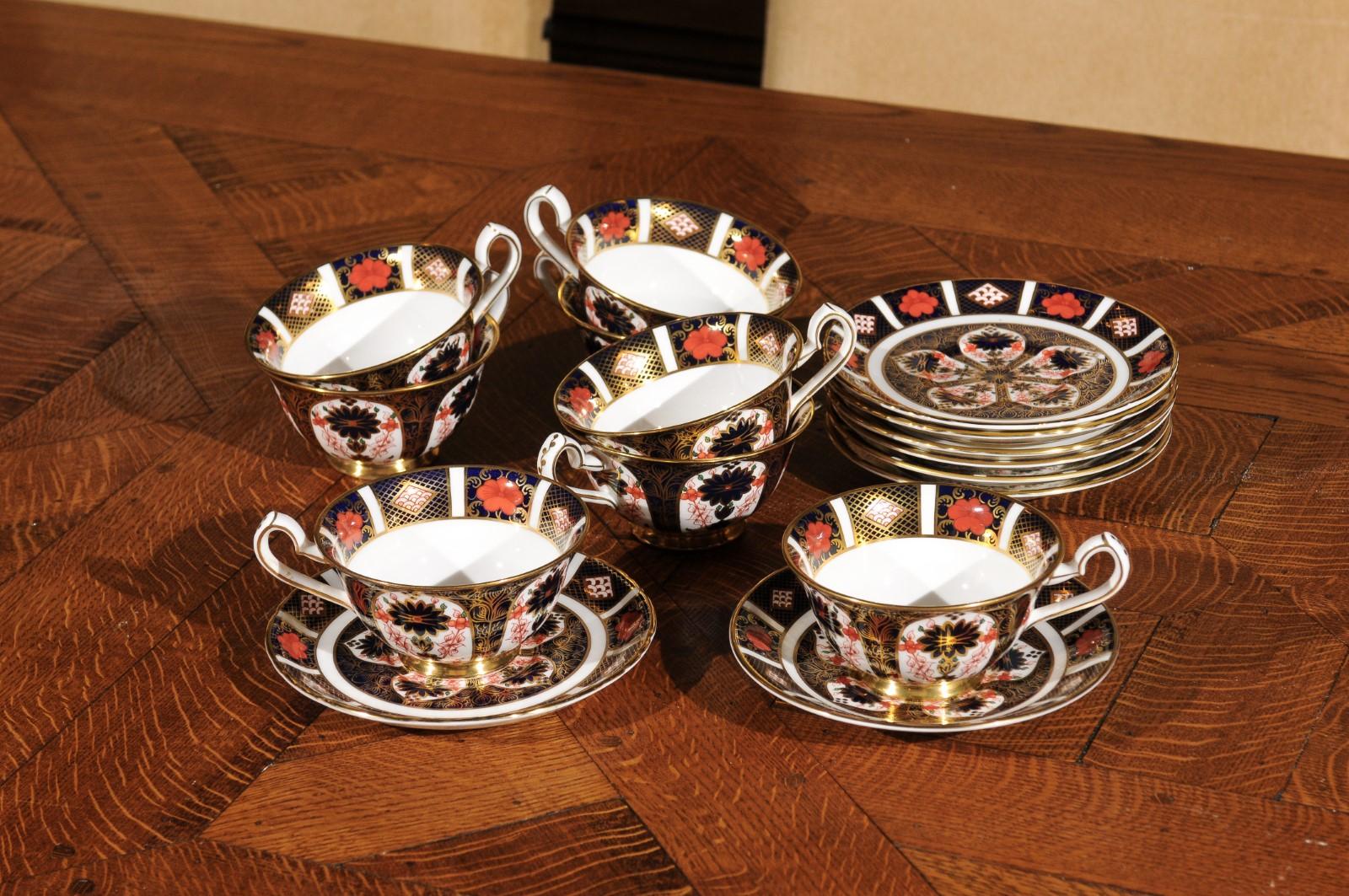 20th Century Eight Pairs of Old Imari English Royal Crown Derby Porcelain Cups and Saucers