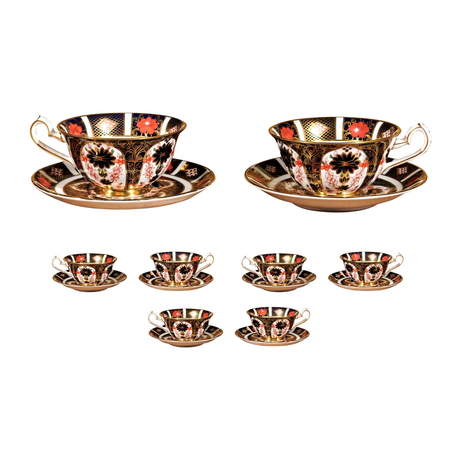 Eight Pairs of Old Imari English Royal Crown Derby Porcelain Cups and Saucers