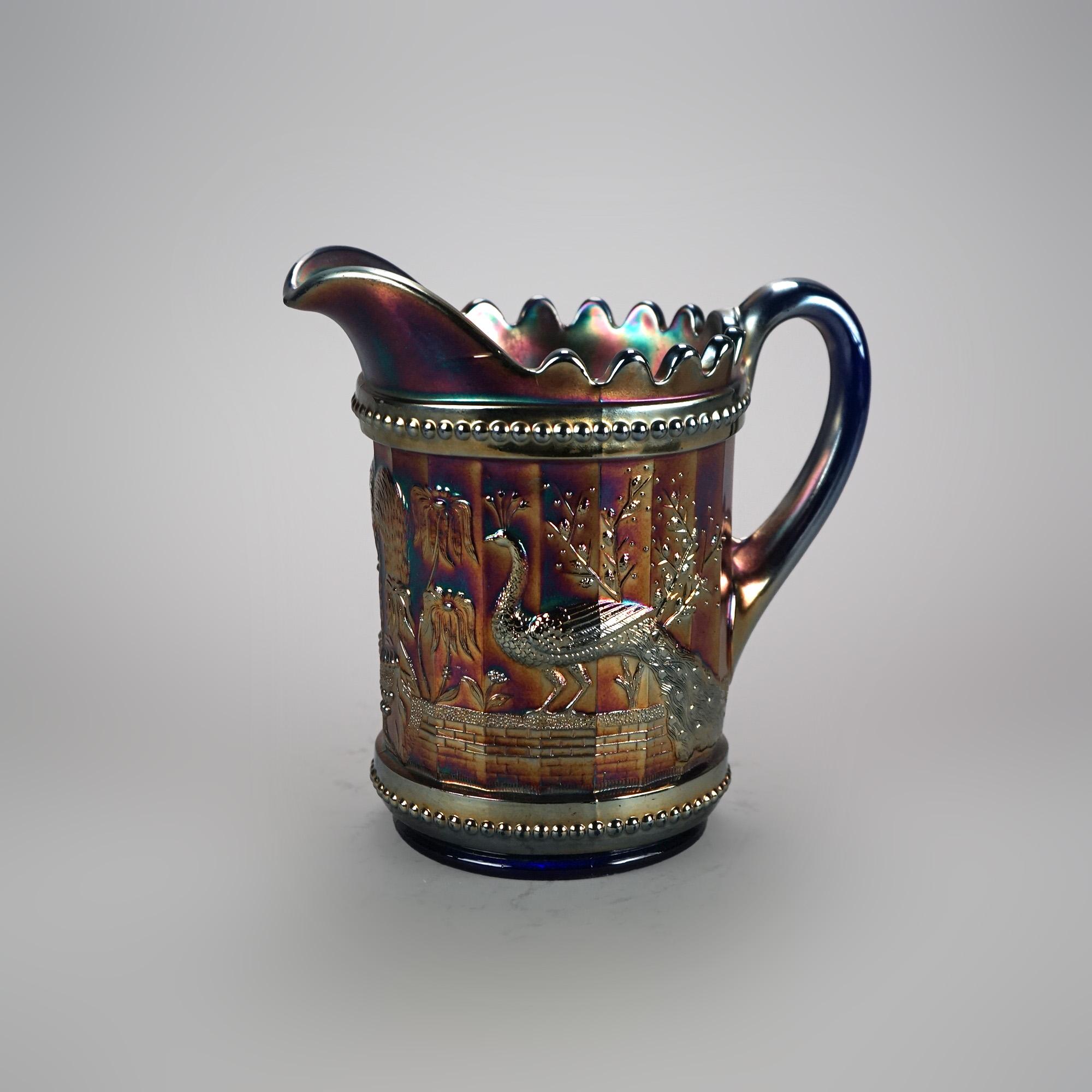 Eight Piece Antique Carnival Glass Beverage Set with Peacock On A Fence Pattern 5