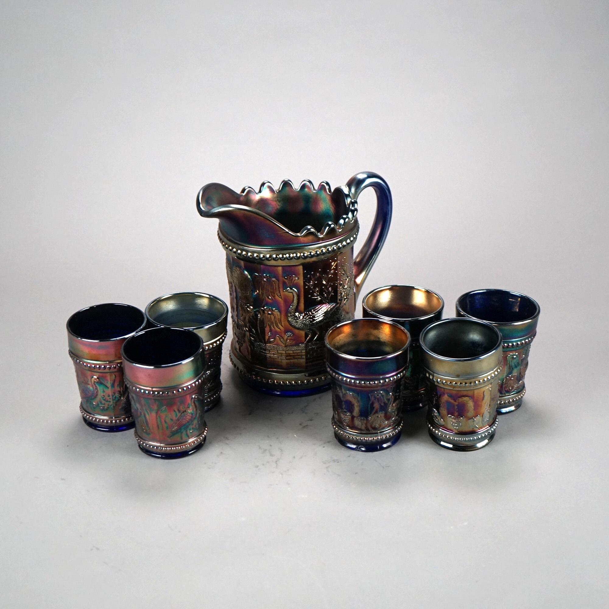 Eight Piece Antique Carnival Glass Beverage Set with Peacock On A Fence Pattern In Good Condition In Big Flats, NY