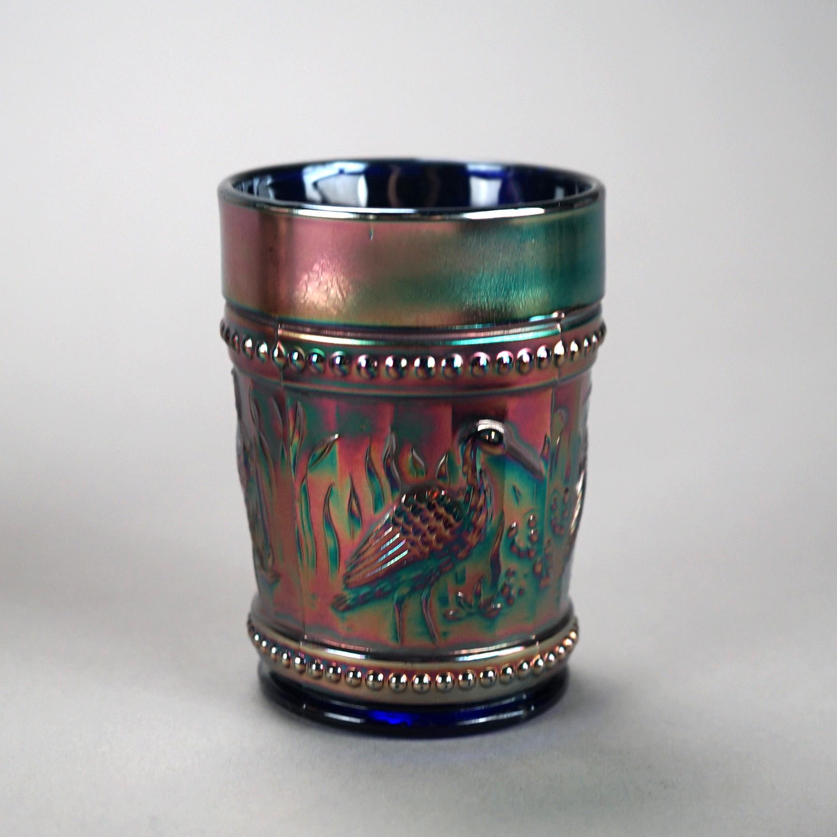 19th Century Eight Piece Antique Carnival Glass Beverage Set with Peacock On A Fence Pattern