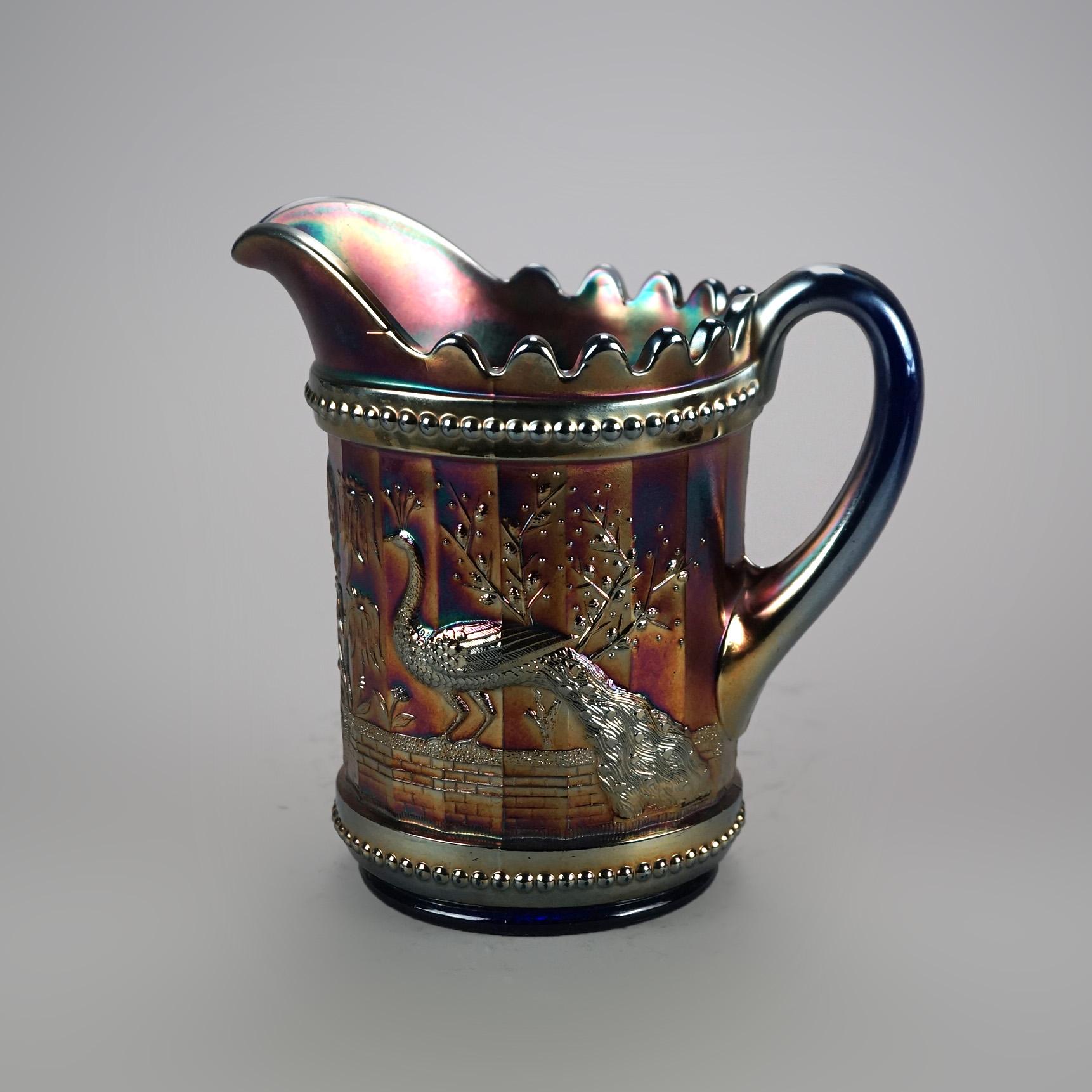 Eight Piece Antique Carnival Glass Beverage Set with Peacock On A Fence Pattern 1