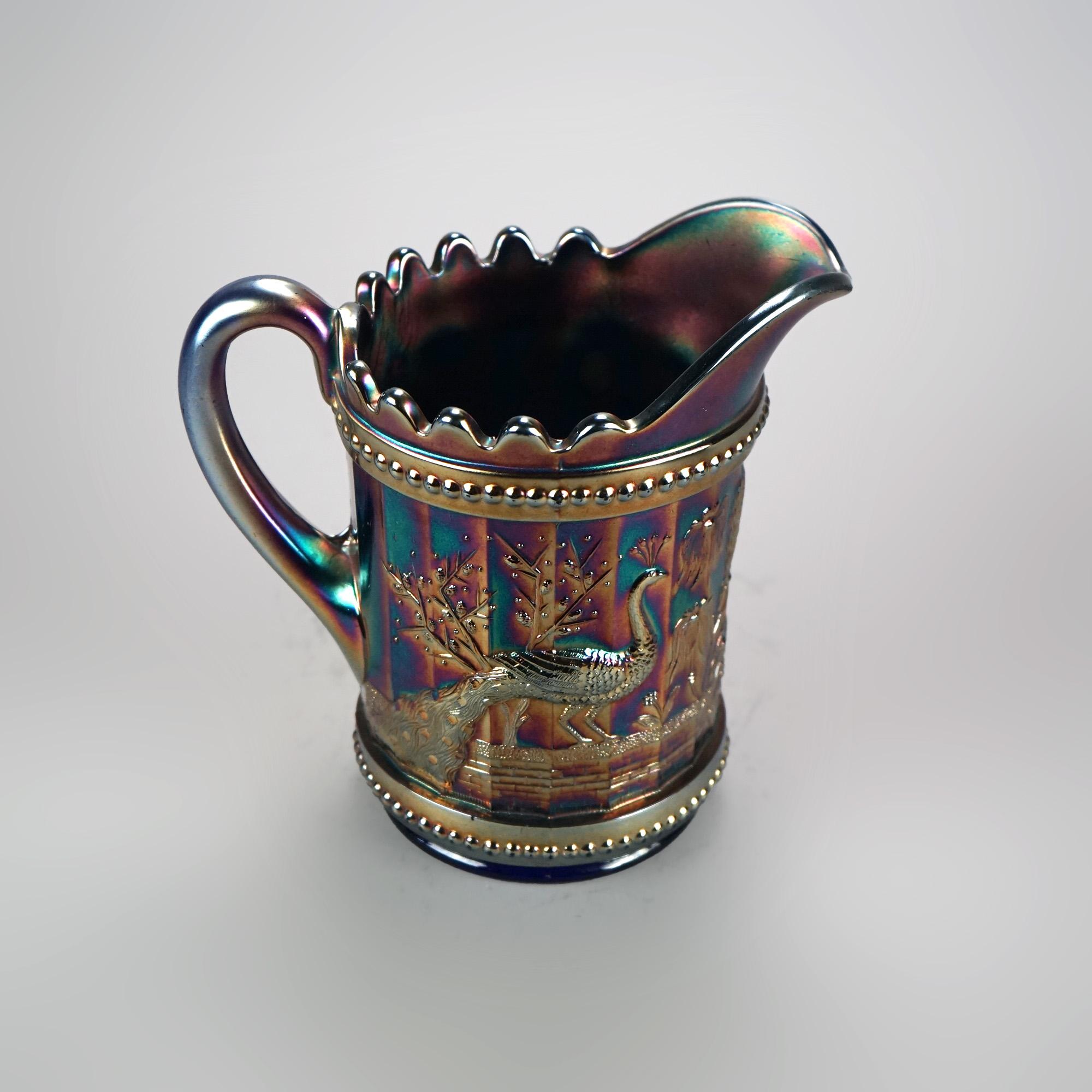Eight Piece Antique Carnival Glass Beverage Set with Peacock On A Fence Pattern 3