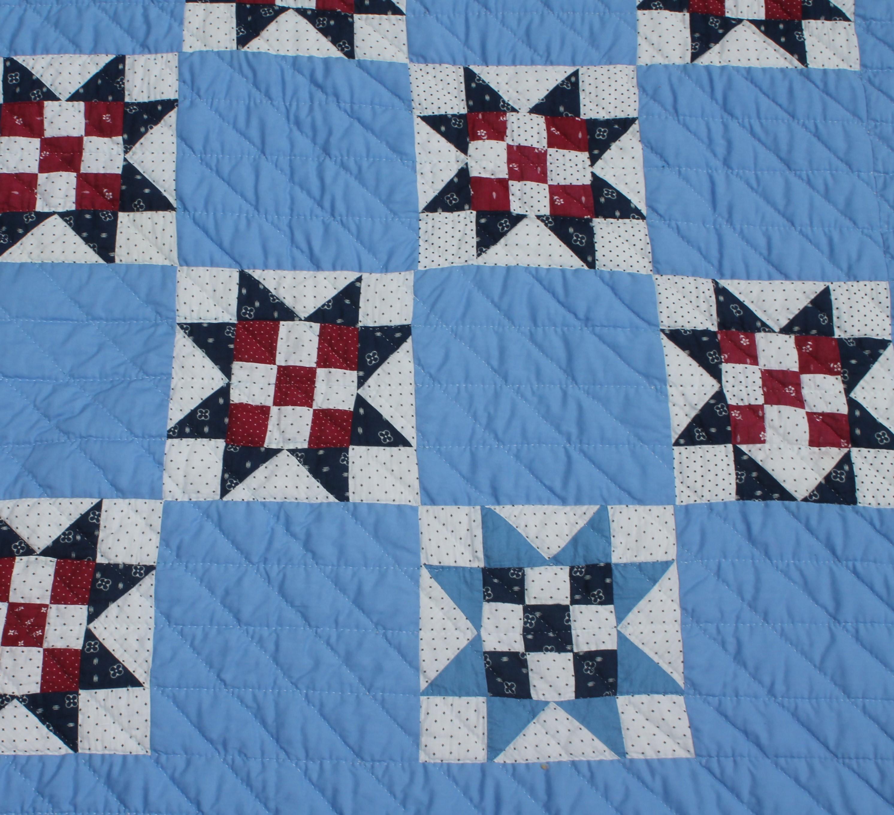 Hand-Crafted Eight Point Star & Nine Patch Quilt For Sale