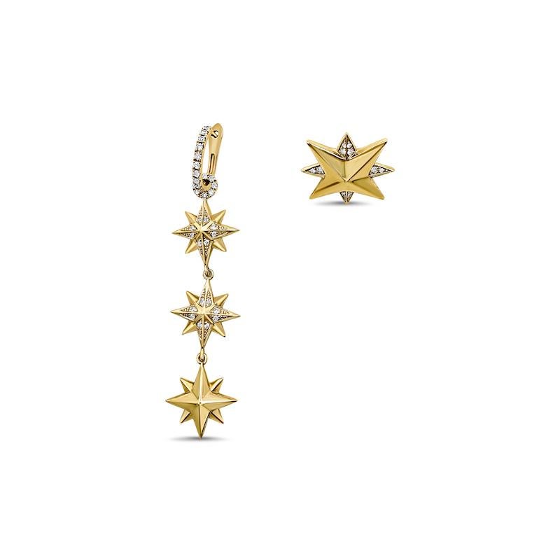 Round Cut Eight-Pointed Star 14k gold and diamond dangle earring  For Sale