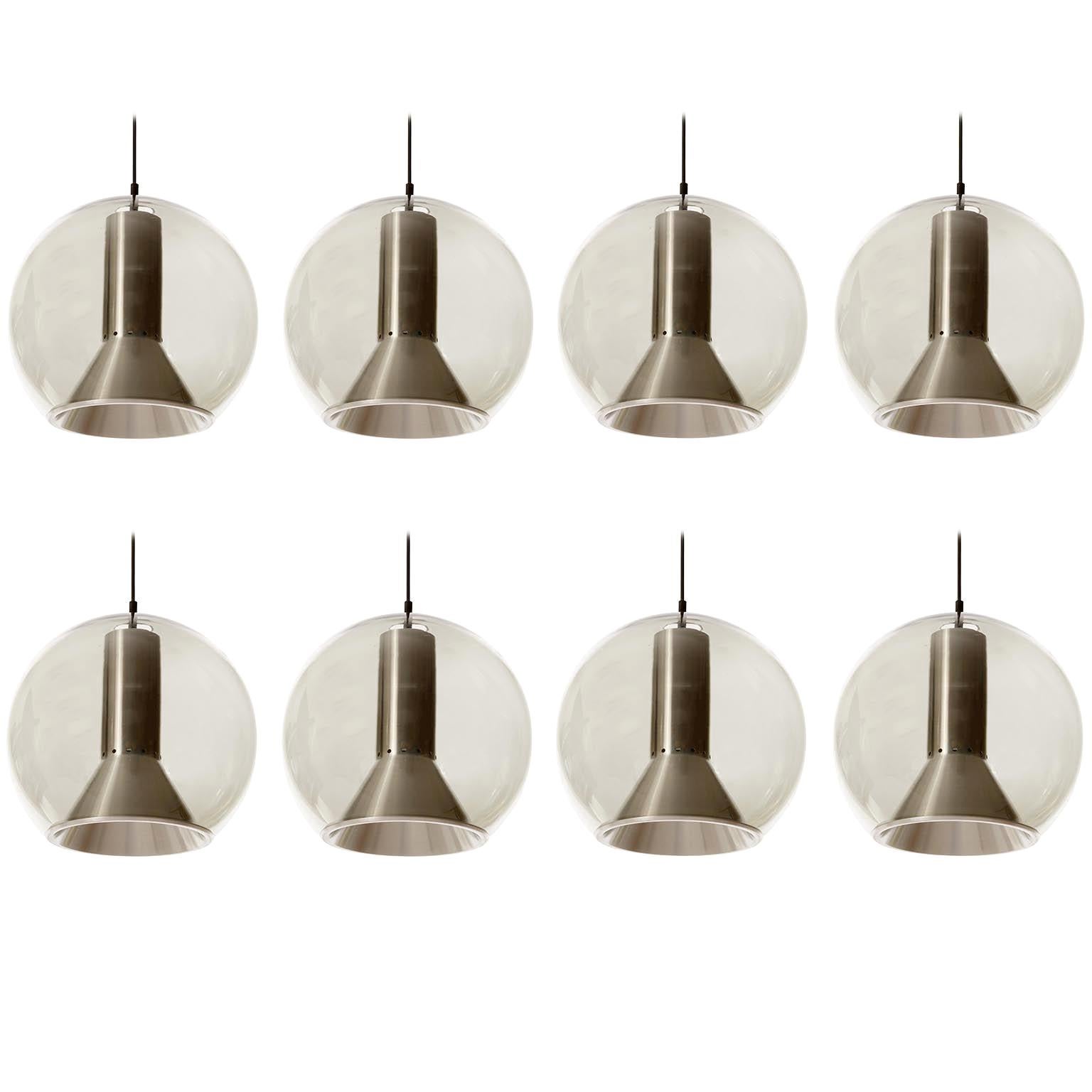 Eight RAAK Pendant Lights by Frank Ligtelijn, Smoked Glass Globes, 1960s