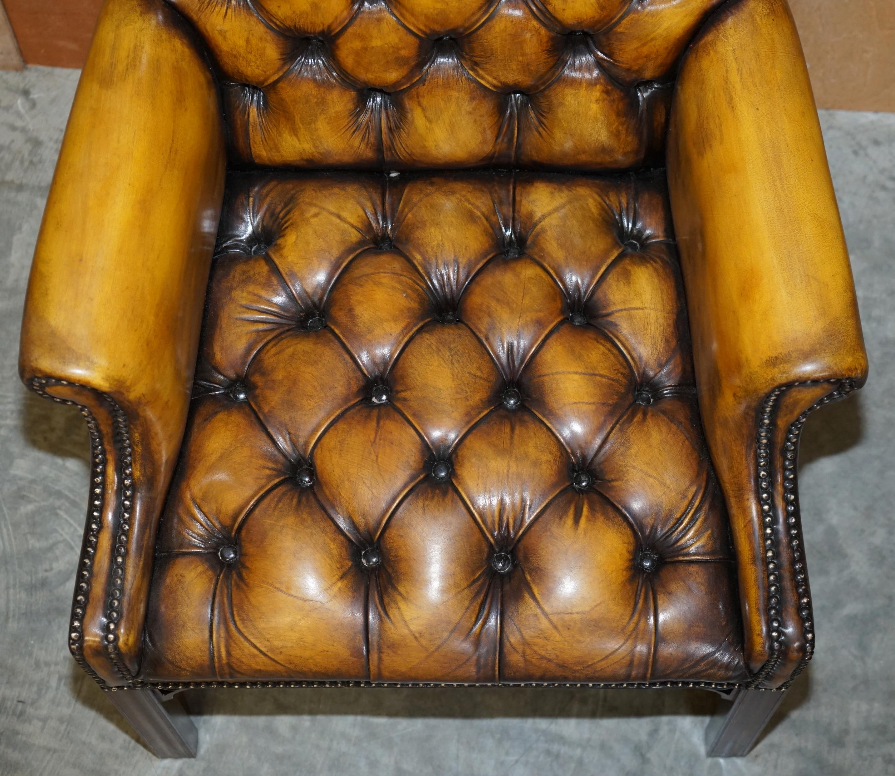 Hand-Crafted Eight Restored Brown Leather Thomas Chippendale Chesterfield Club Armchairs 8 For Sale