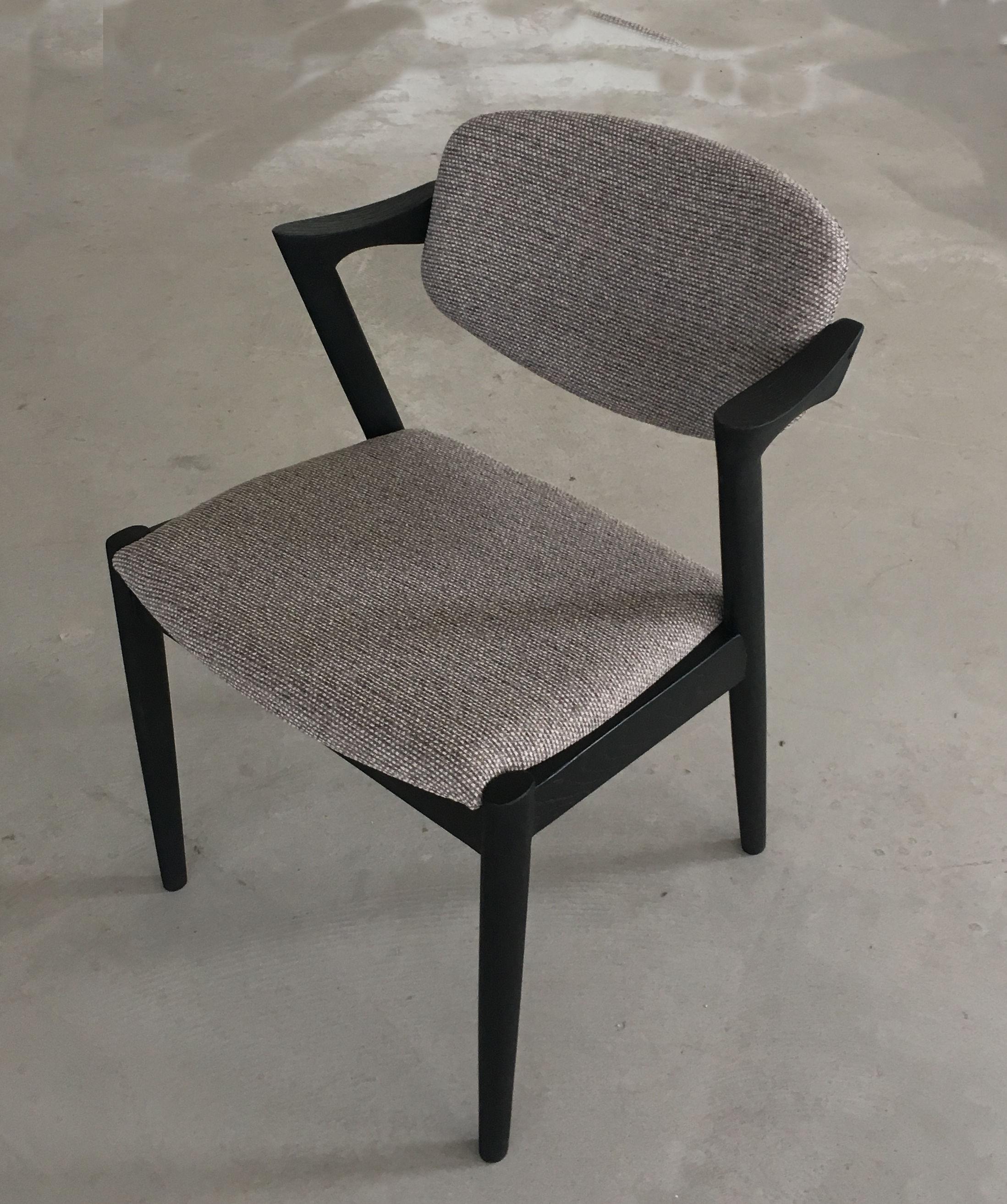 Scandinavian Modern Eight Restored Ebonized Kai Kristiansen Dining Chairs Custom Upholstery Included For Sale