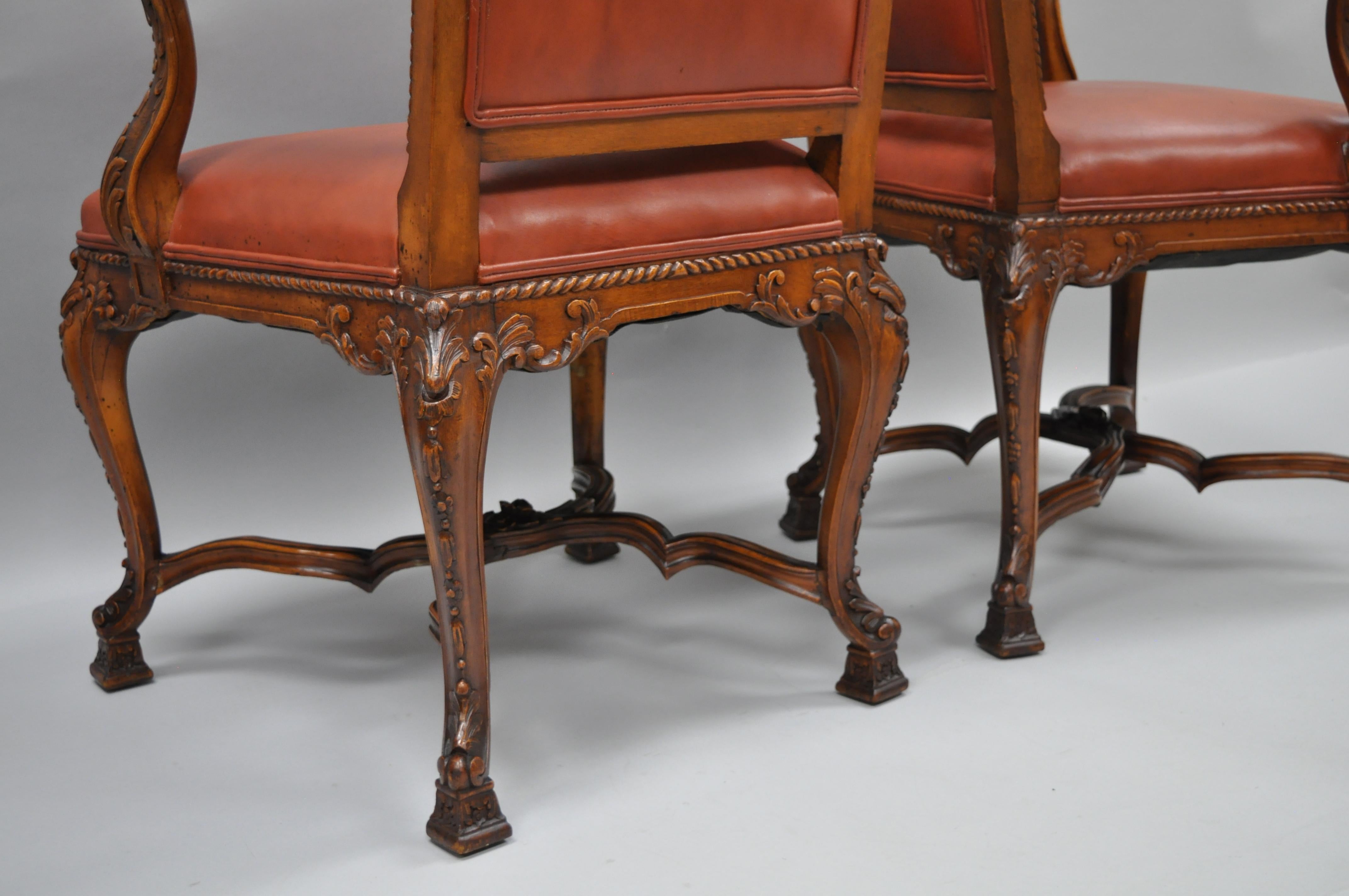 Eight Italian Renaissance Rococo Carved Walnut Needlepoint Leather Dining Chairs 4