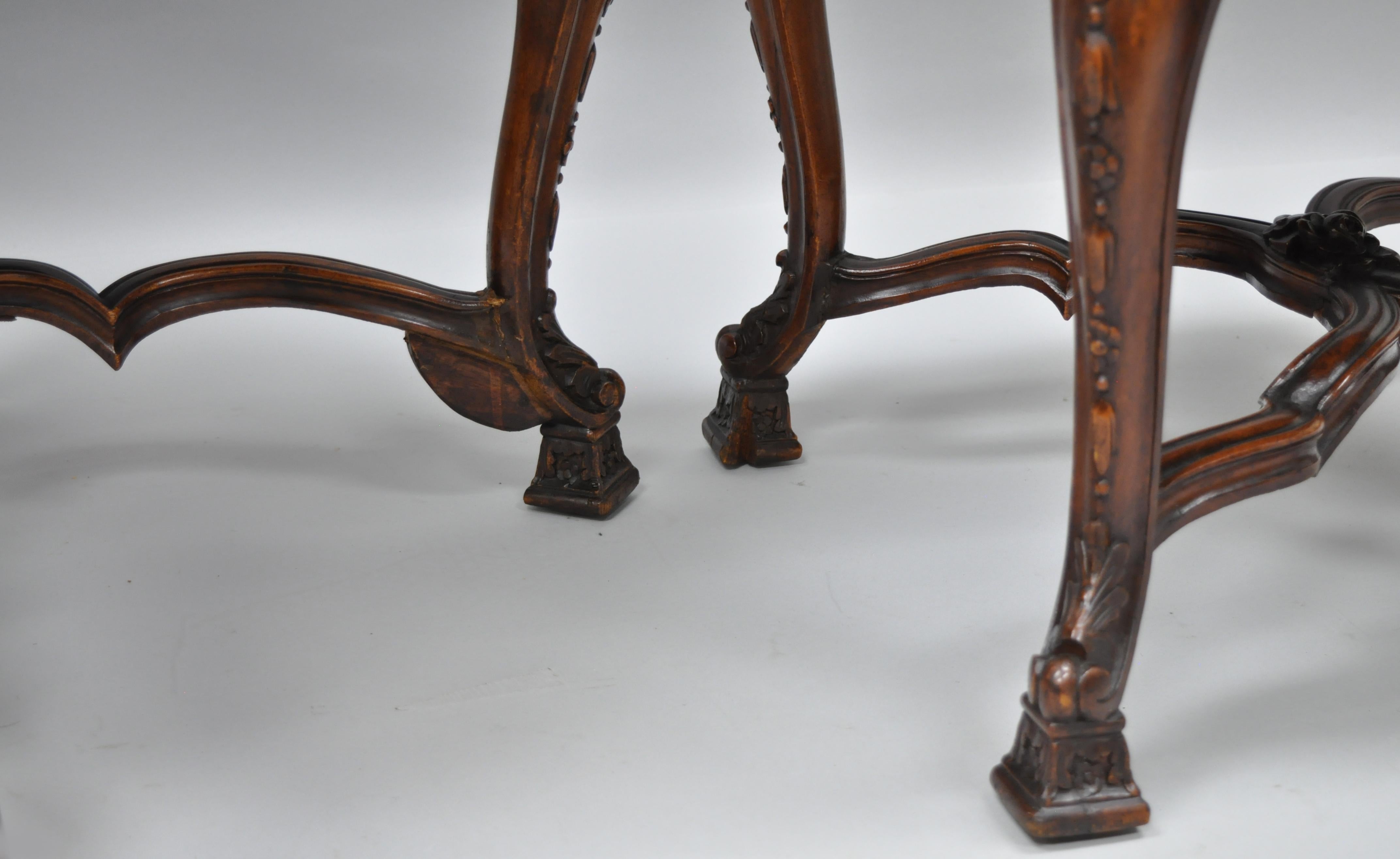 Eight Italian Renaissance Rococo Carved Walnut Needlepoint Leather Dining Chairs 7