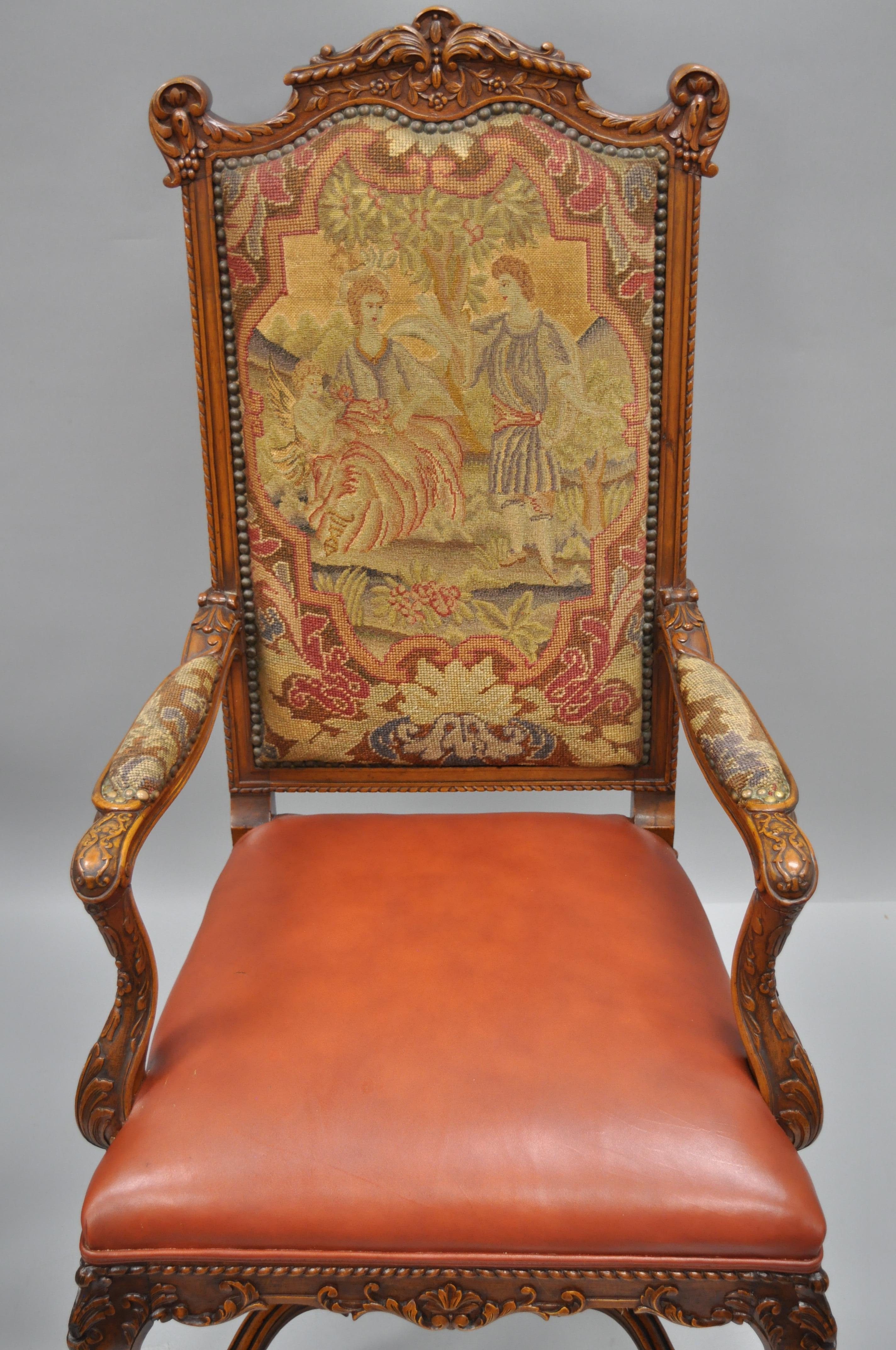 Eight Italian Renaissance Rococo Carved Walnut Needlepoint Leather Dining Chairs 10