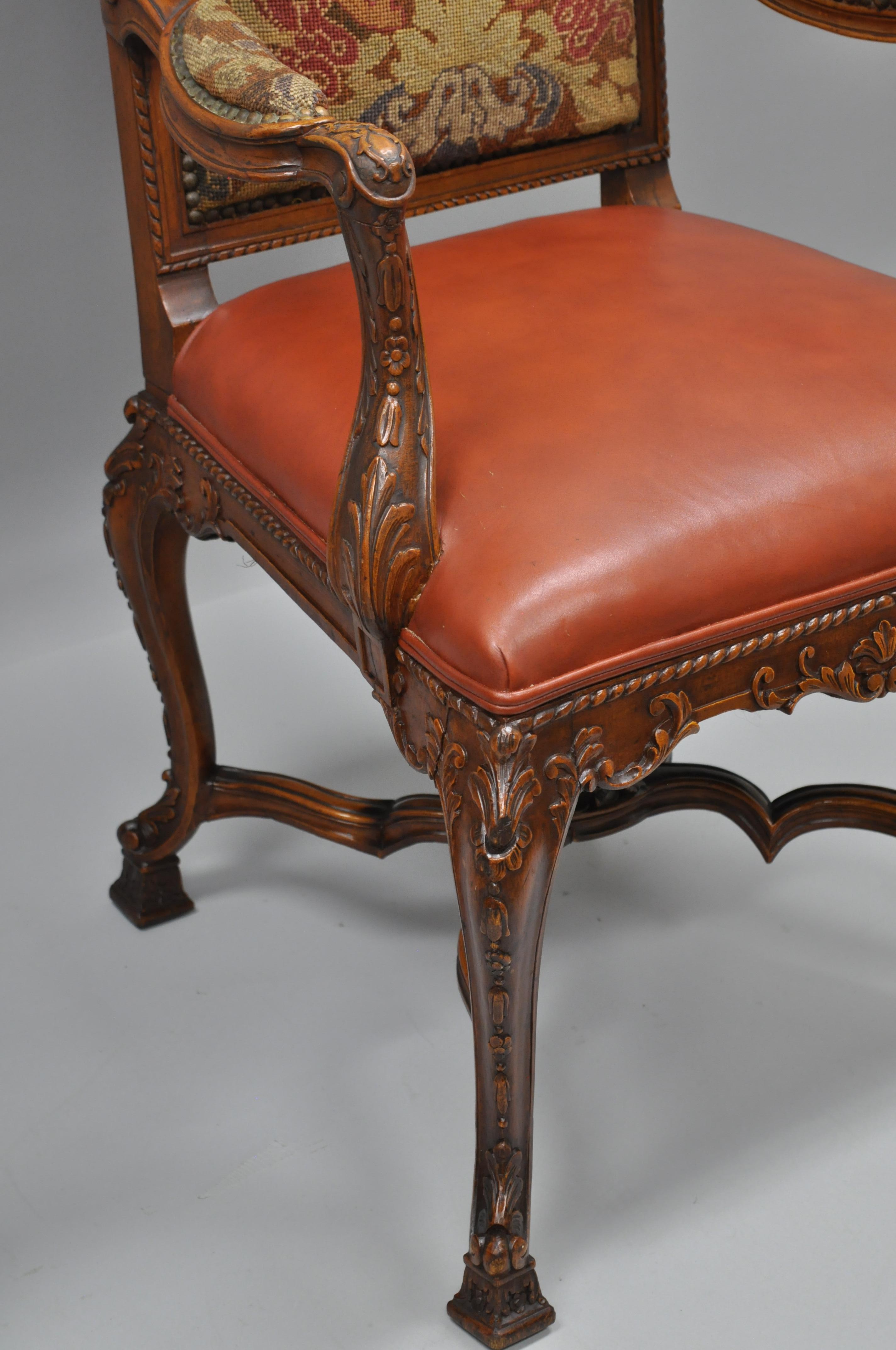Eight Italian Renaissance Rococo Carved Walnut Needlepoint Leather Dining Chairs 11