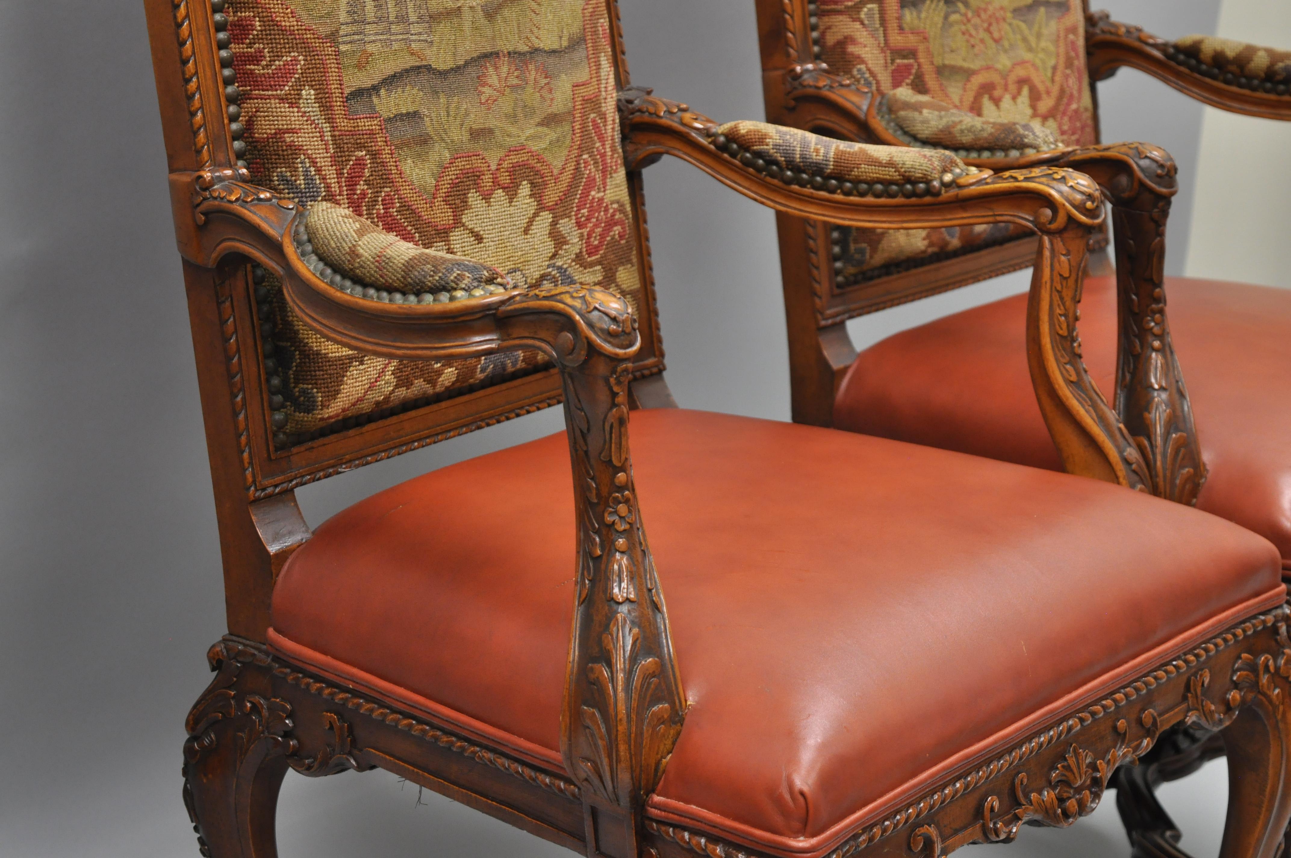 Eight Italian Renaissance Rococo Carved Walnut Needlepoint Leather Dining Chairs 12